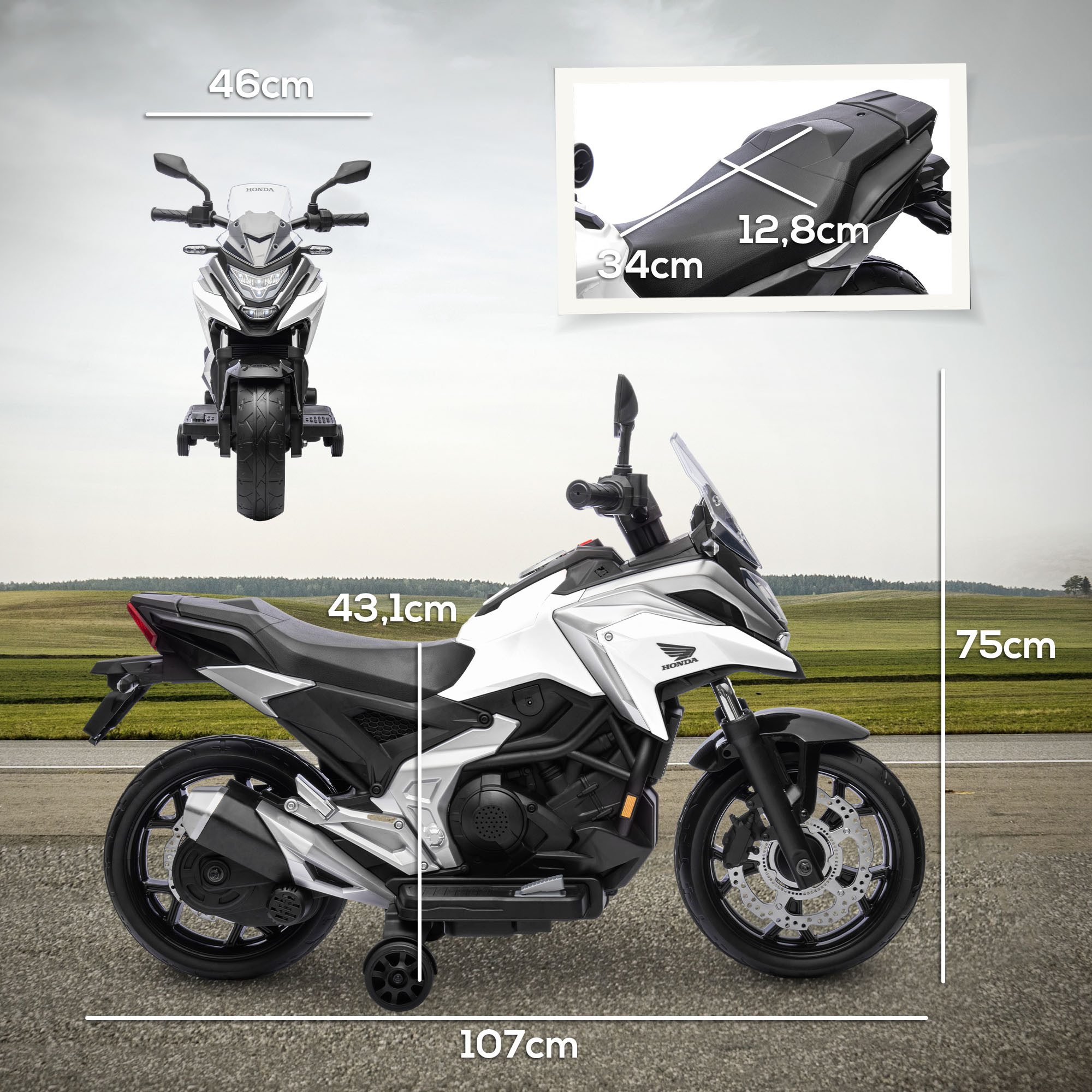 AIYAPLAY Elektro-Kindermotorrad 12V Kindermotorrad mit MP3, USB, LED-Scheinwerfer, Belastbarkeit 30 kg, (1-tlg), für 3-6 Jahre, Weiß
