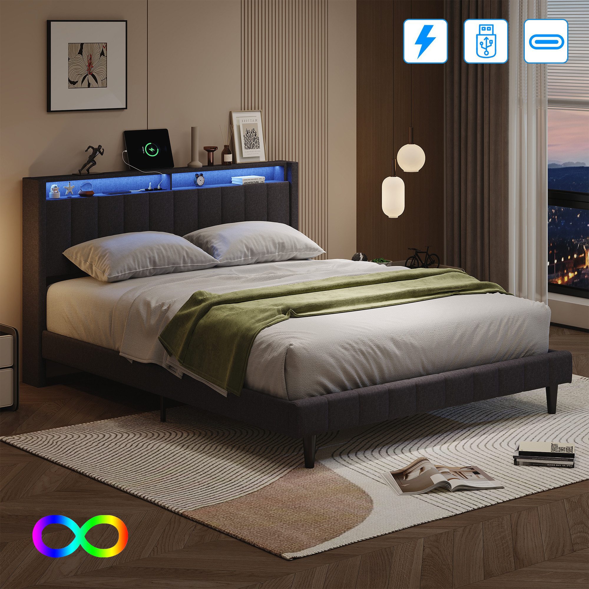 Furnishings Home Stauraumbett Polsterbett, 140x200 & 160x200 cm mit LED, La günstig online kaufen