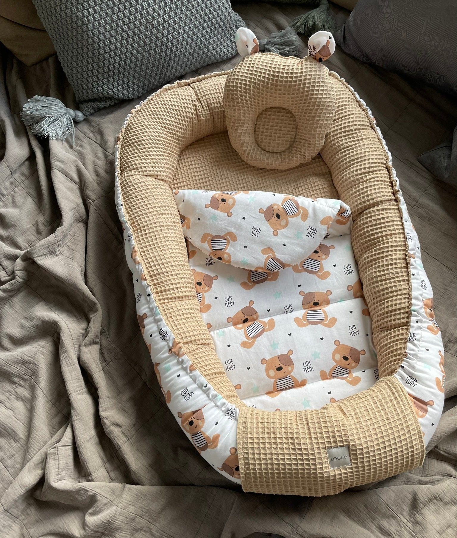 Loolay Bettnestchen TAUPE WAFFELPIQUE Braun TEDDY Baumwolle BABYNEST Babyko günstig online kaufen
