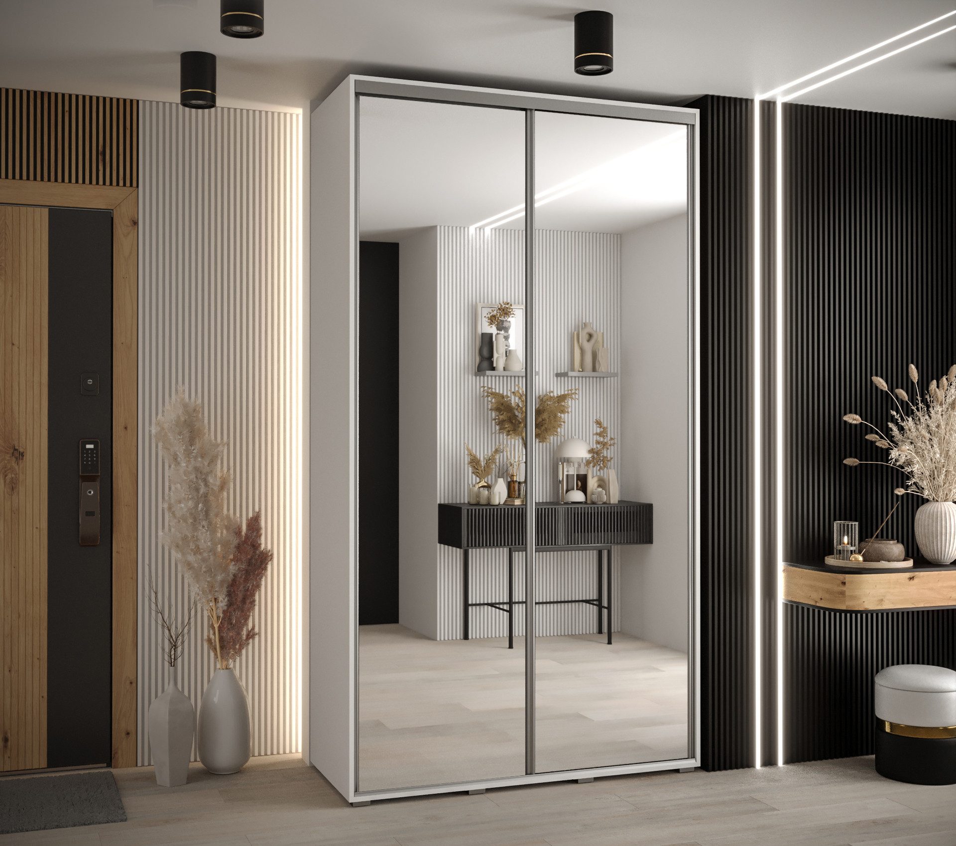 ABIKS MÖBEL Schwebetürenschrank Davos 2 Schlafzimmerschrank mit Spiegel, Kleiderstange und Regalen