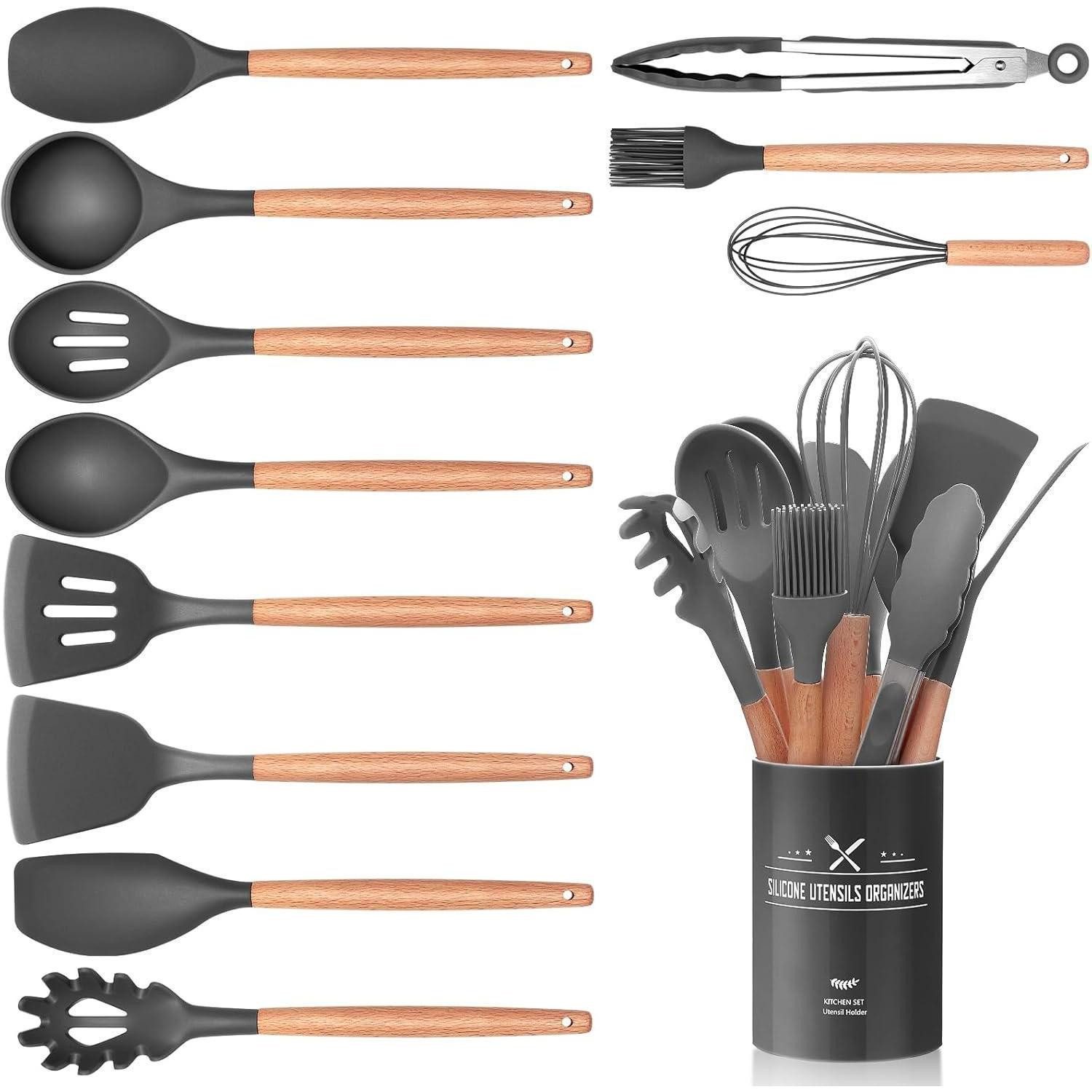 Wildone Kochbesteck-Set 12-teiliges Silikon Küchenhelfer Set mit Holzgriff und