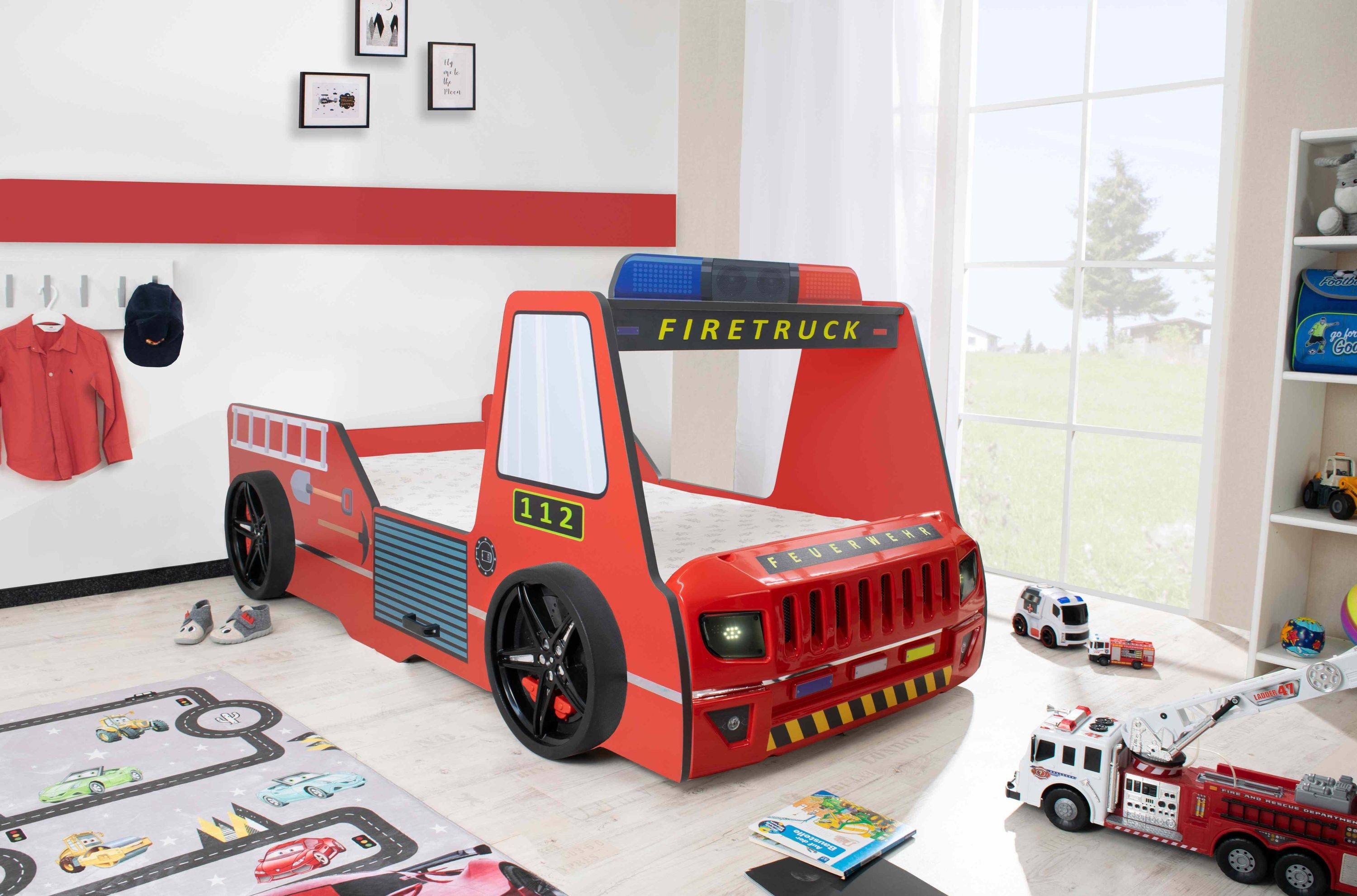 Aileenstore Autobett Rio (inkl. LED Licht und Lattenrost), Feuerwehrbett, 90x200 cm, LED Licht, Hochglanz, Lattenrost