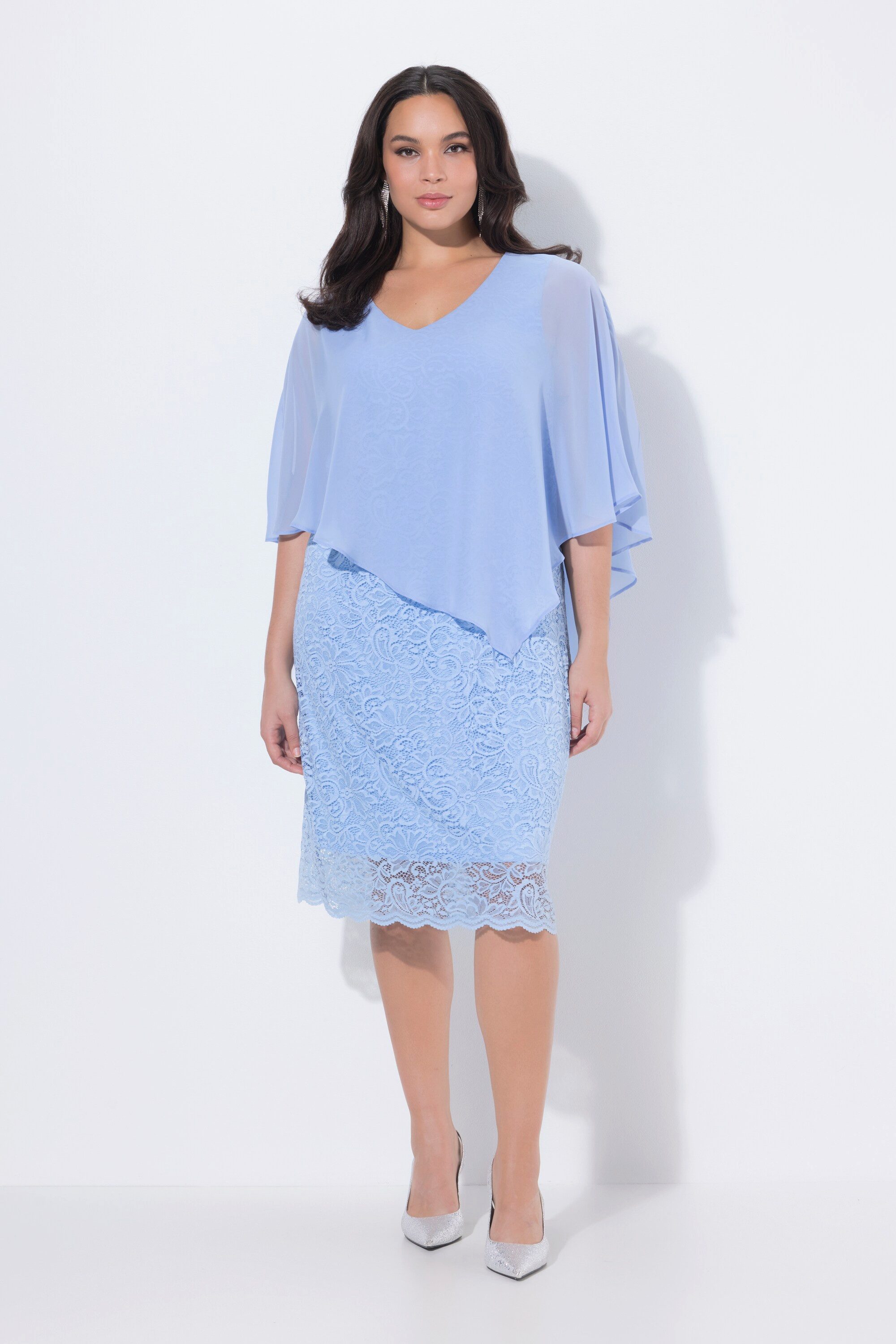 Ulla Popken Abendkleid Abendkleid Chiffon-Cape Jersey Spitzensaum 3/4-Arm günstig online kaufen