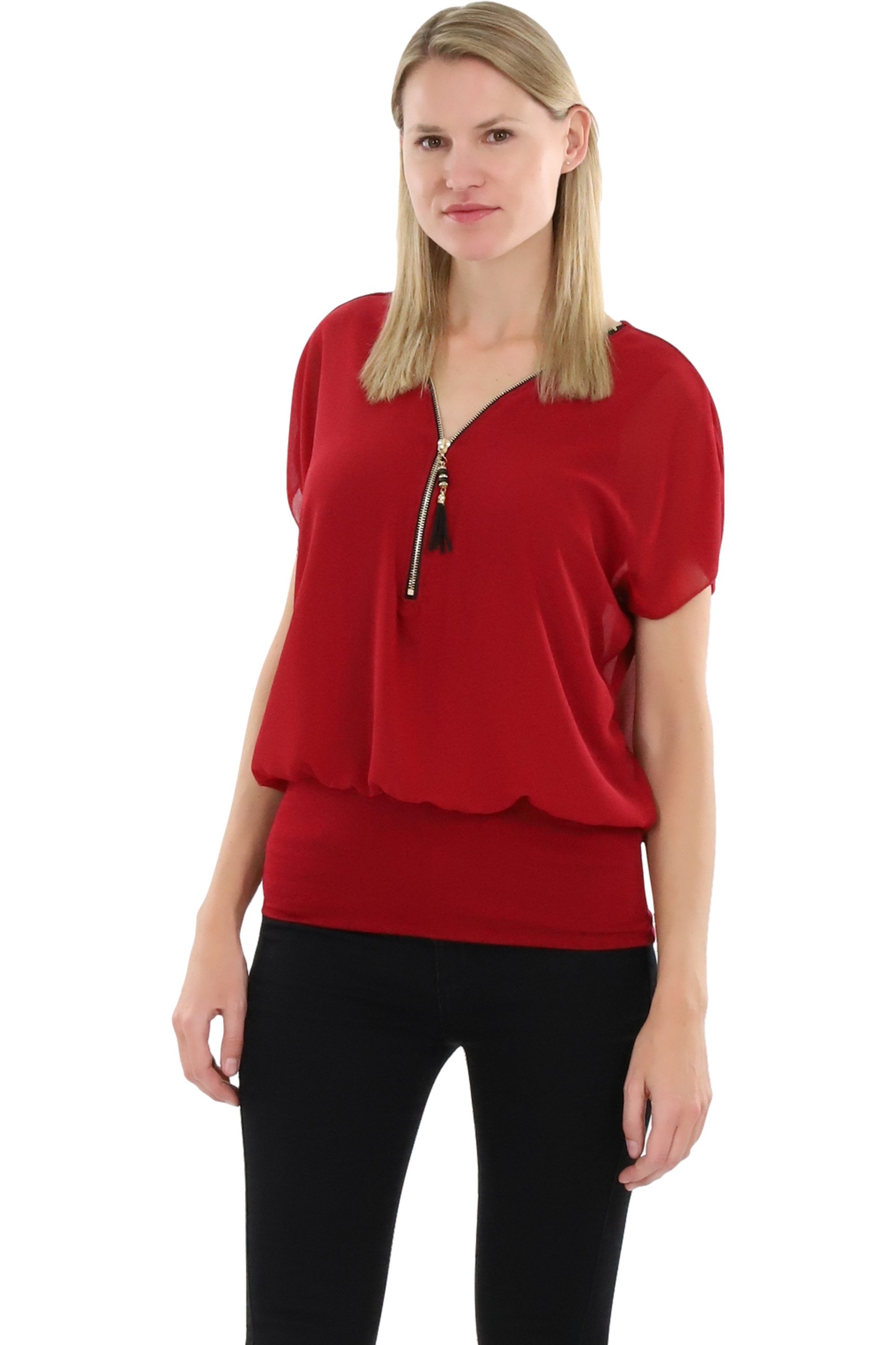 Chiffonbluse malito Damen kurzarm Bluse im Fledermaus Look, Tunika mit Zipper