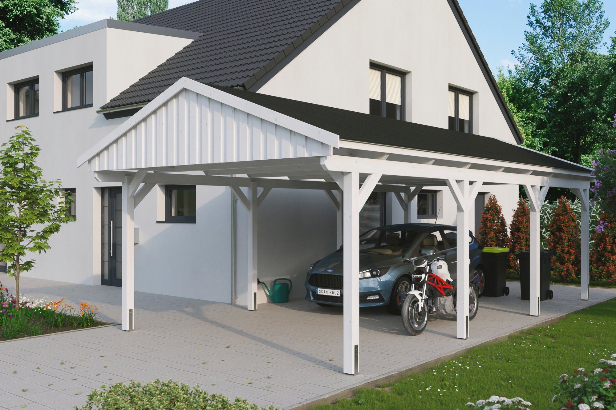 Skanholz Einzelcarport Fichtelberg, BxT: 423x808 cm, 379 cm Einfahrtshöhe,  mit schwarzen Schindeln, Massive Konstruktion aus hochwertigem Leimholz  (BSH-Fichte)