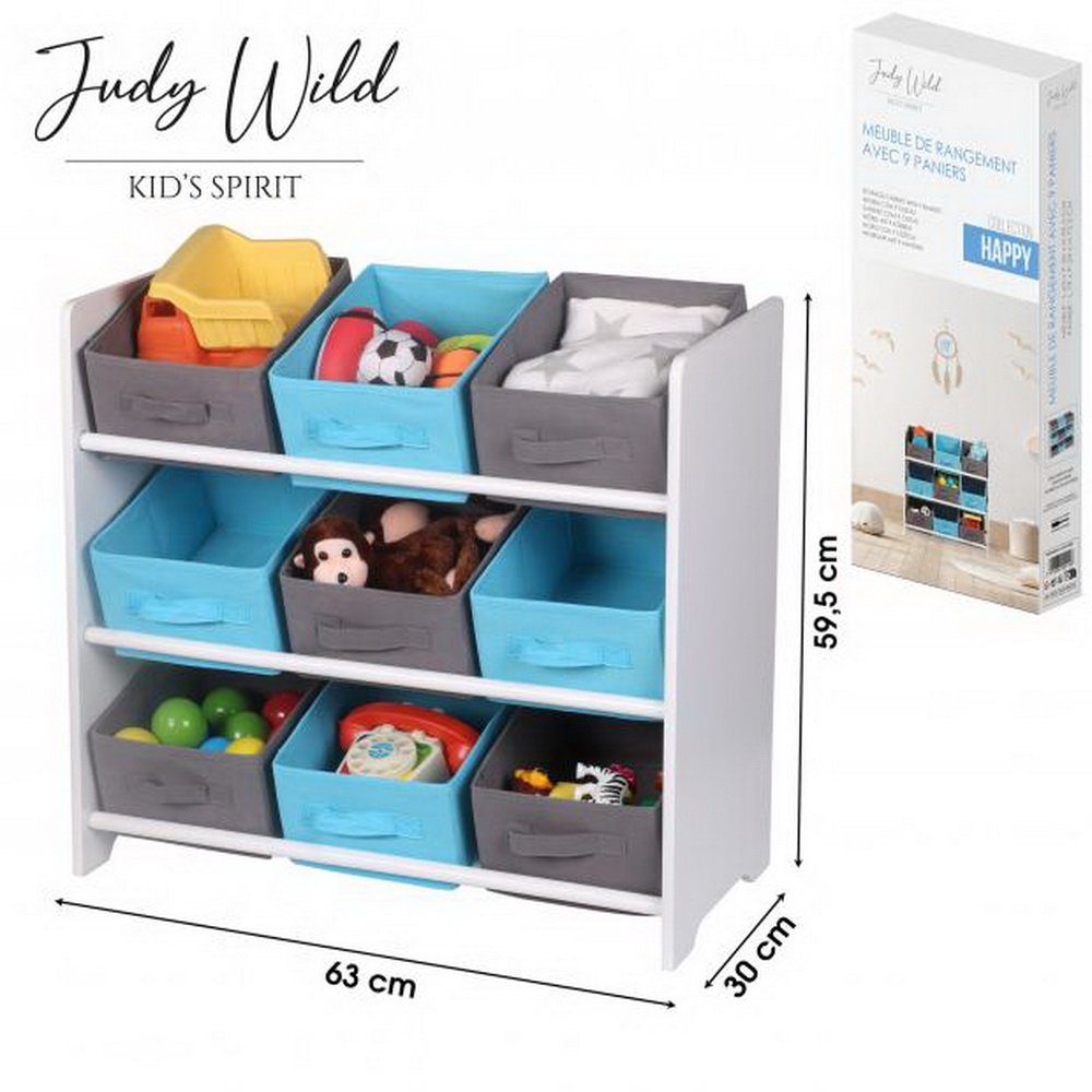 Judy Wild Kinderregal Kid´s Spirit mit farbige weiß-grau-blau Happy-Collection, 9 Henkel Kinder-Regal Textilkörbe