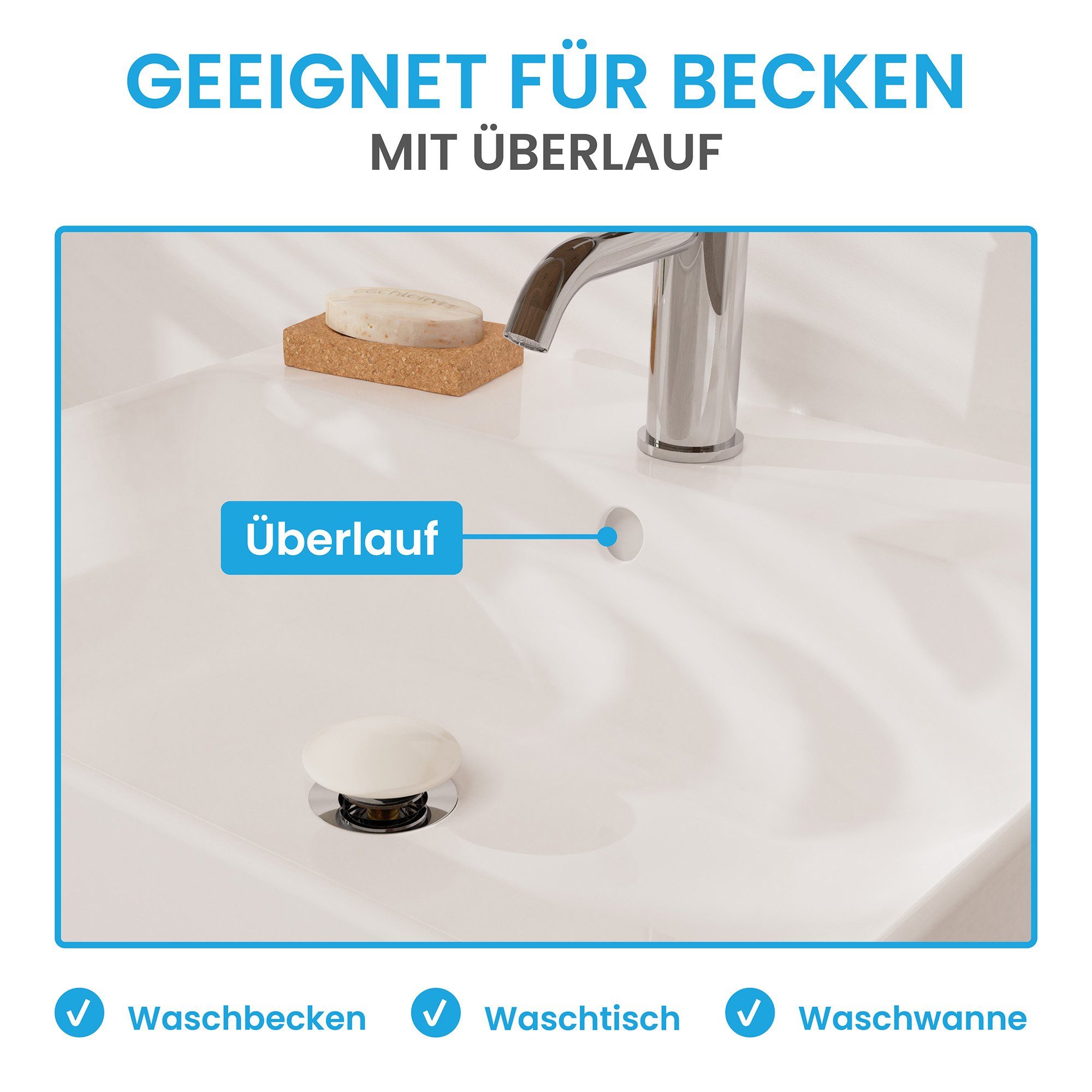Bächlein Ablaufgarnitur Waschbeckenabfluss Pop Up (Keramik Waschbeckenstöpsel mit Überlauf) Werkzeugloser Einbau - Click Clack Funktion – Bild 5 von 5