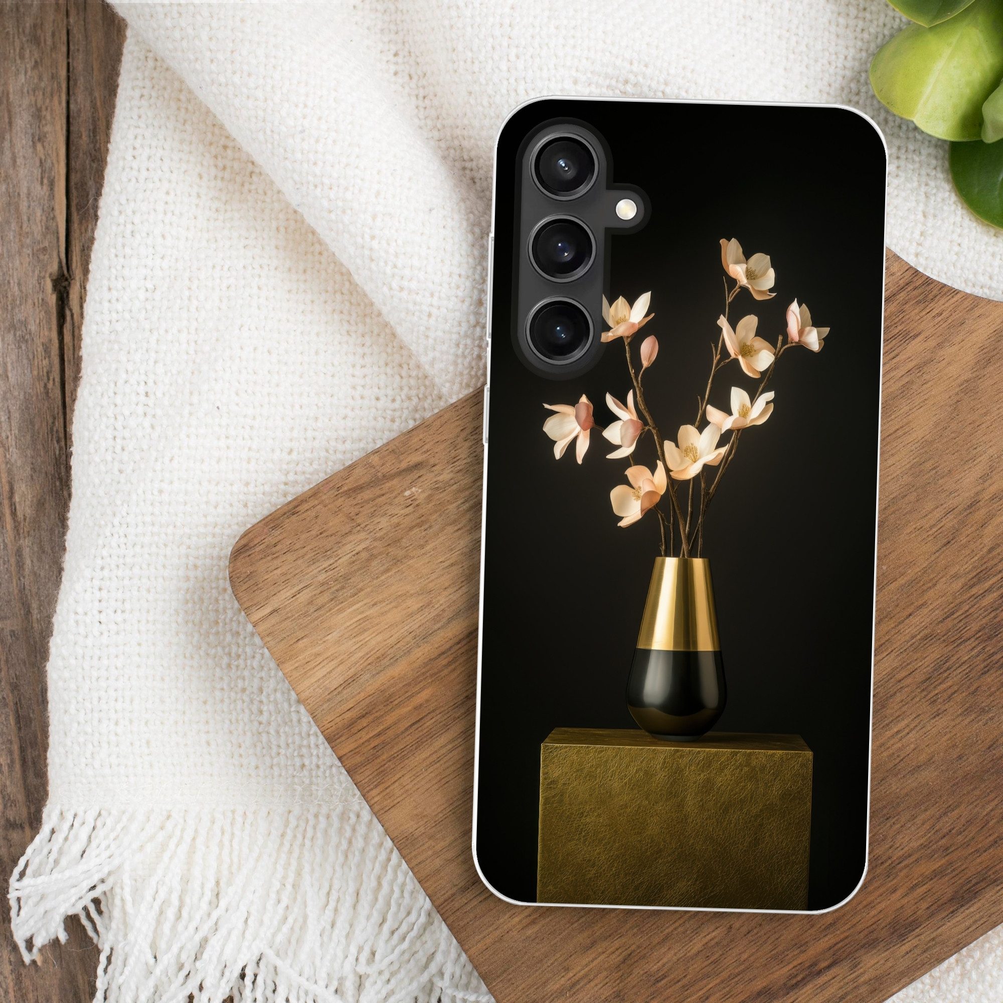 MuchoWow Handyhülle für Samsung Galaxy S23 FE Verschnörkelt - Blumenstrauß - Gold - Vase