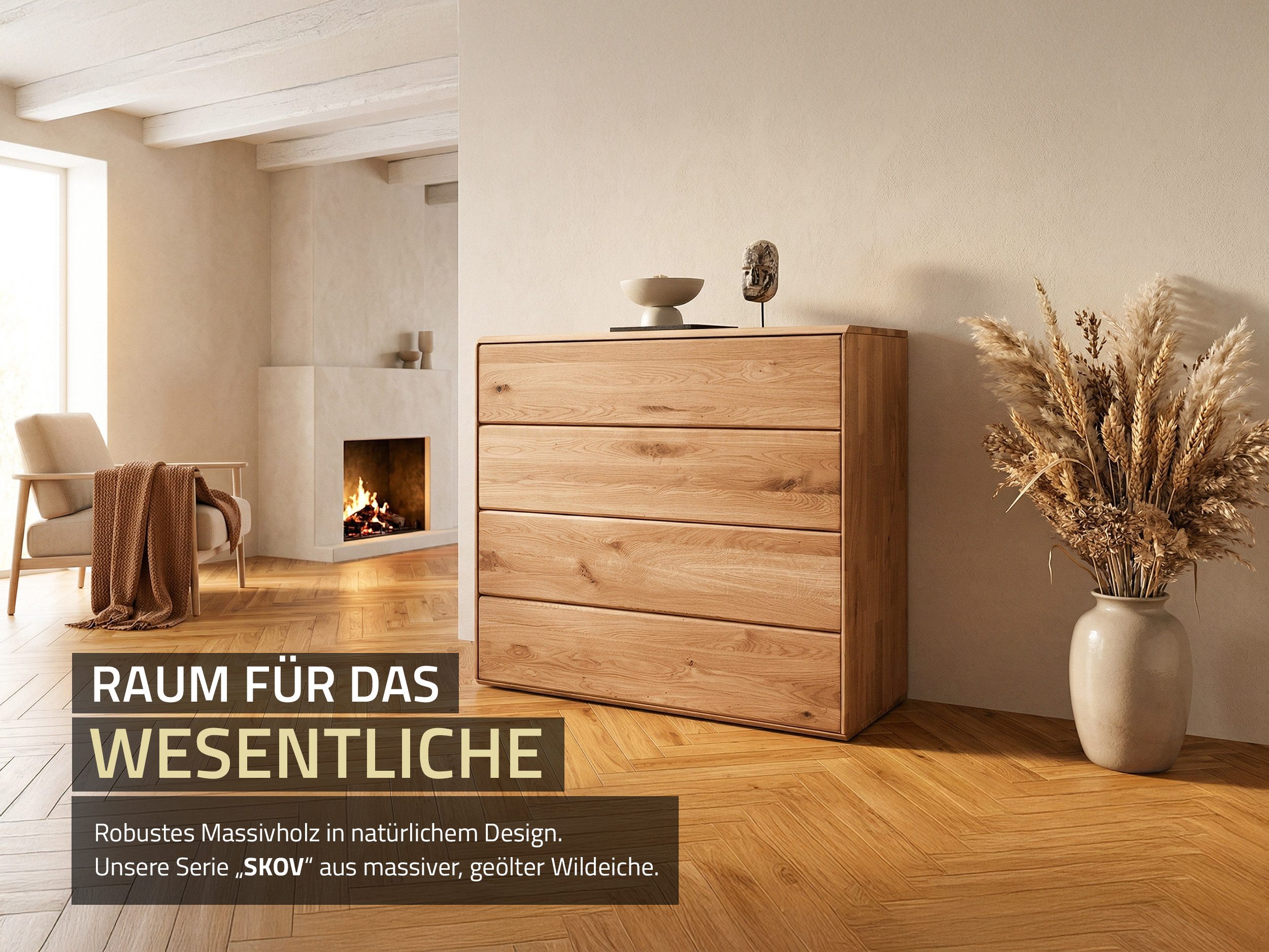 Massivart® Kommode 100 cm Breite 4 Schubladen Wildeiche massiv geölt »SKOV«, Massivholz · griffloses Design · Tip-on-Funktion · viel Stauraum