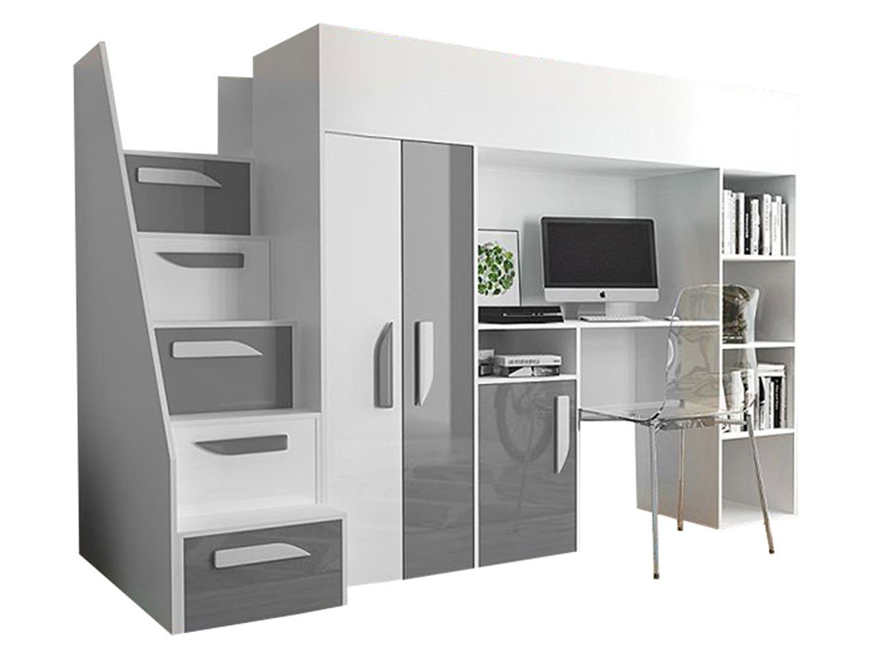 MIRJAN24 Etagenbett Party 14 (Komplett-Set, Einzelbett mit Treppe), 90x200 cm, mit Schreibtisch, Schrank und Regal