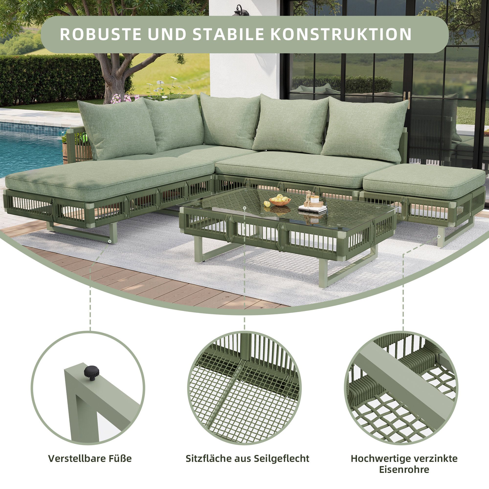 Celya Gartenlounge-Set Outdoor-Sitzgruppe aus Seilgeflecht, modulare Gartenmöbel-Set, (Set, wetterfest für Terrasse, Balkon, Poolbereich, Grün), mit verstellbaren Füßen, 10cm dicken Kissen und Glas-Couchtisch