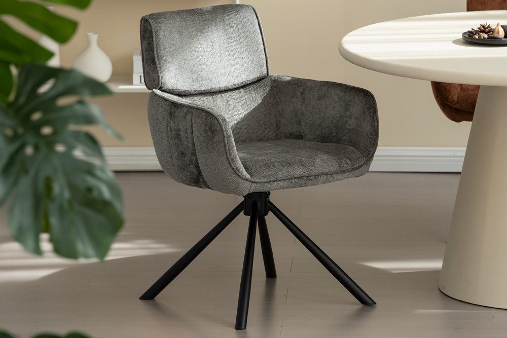 riess-ambiente Drehstuhl UNIQUE grau/schwarz – Chenille, mit Armlehne, Metallgestell (Einzelartikel, 1 St), 180° drehbar mit Rückholmechanik – ideal für Esszimmer oder Büro