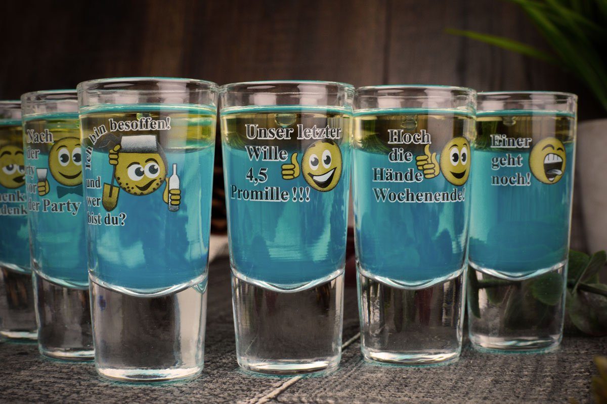 Sendez Schnapsglas 6 Schnapsgläser mit Sprüchen Schnaps Shots Stamper Wodkagläser, 6-tlg., Glas