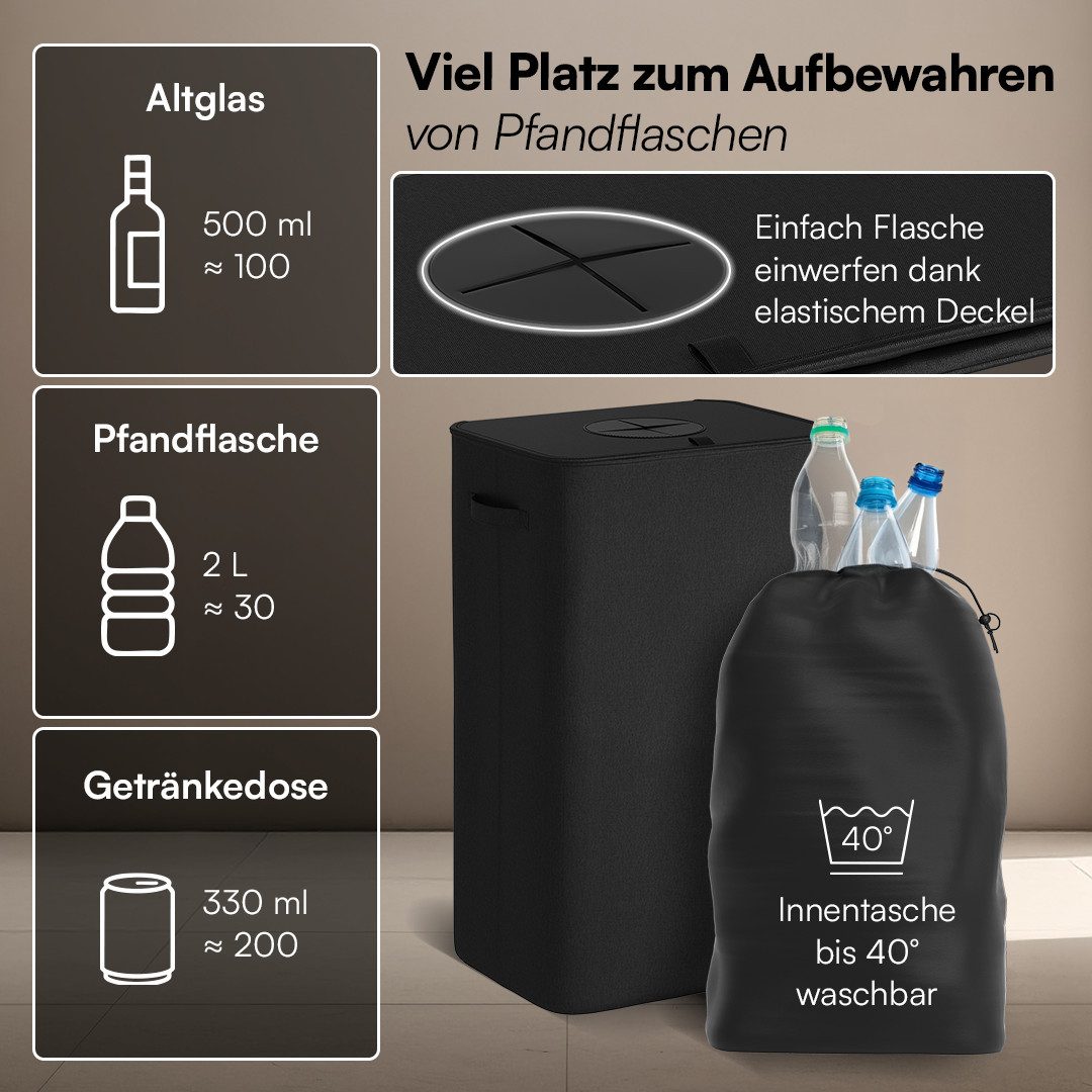 Bellamio Flaschensammler Sur mit Einwurfloch (Anthrazit, 100 L, waschbar, tropfsicher), Pfandflaschen Sammelbehälter aus Stoff mit Innenbeutel