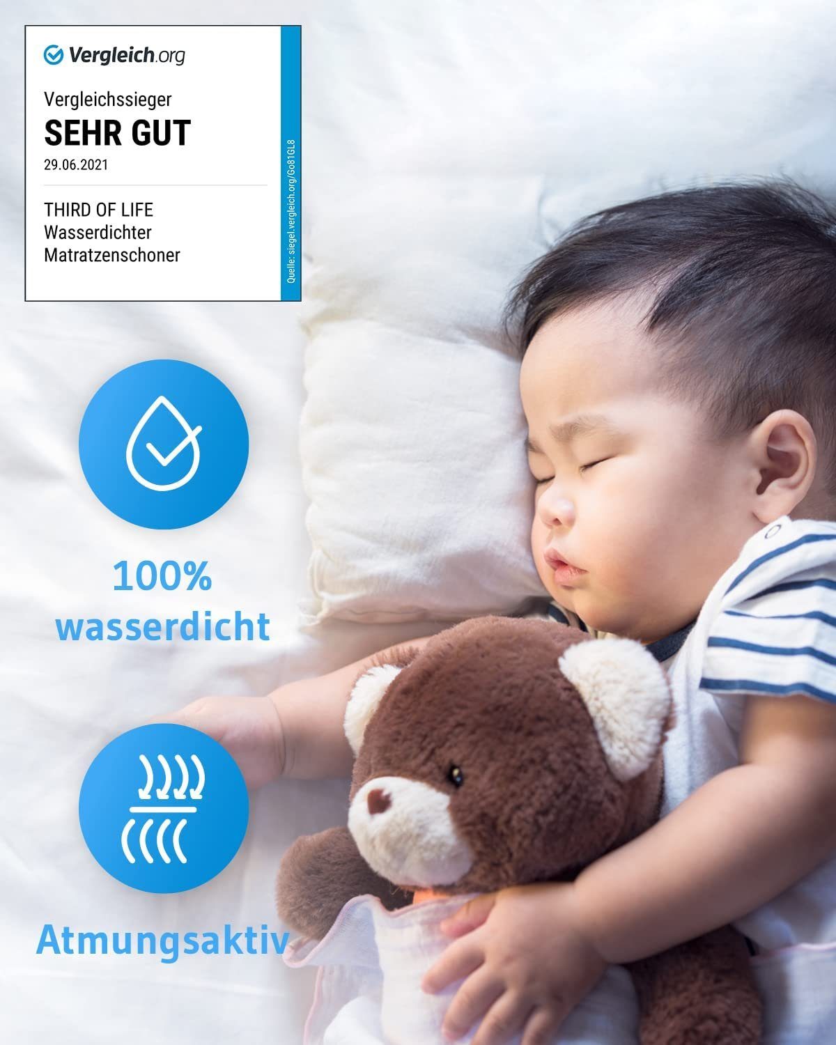 Matratzenschoner Atmungsaktive Matratzenauflage LISA Third of Life, 100% Wasserdichter Matratzenschutz, Matratzen-Topper mit Seitenwänden – Bild 3 von 5