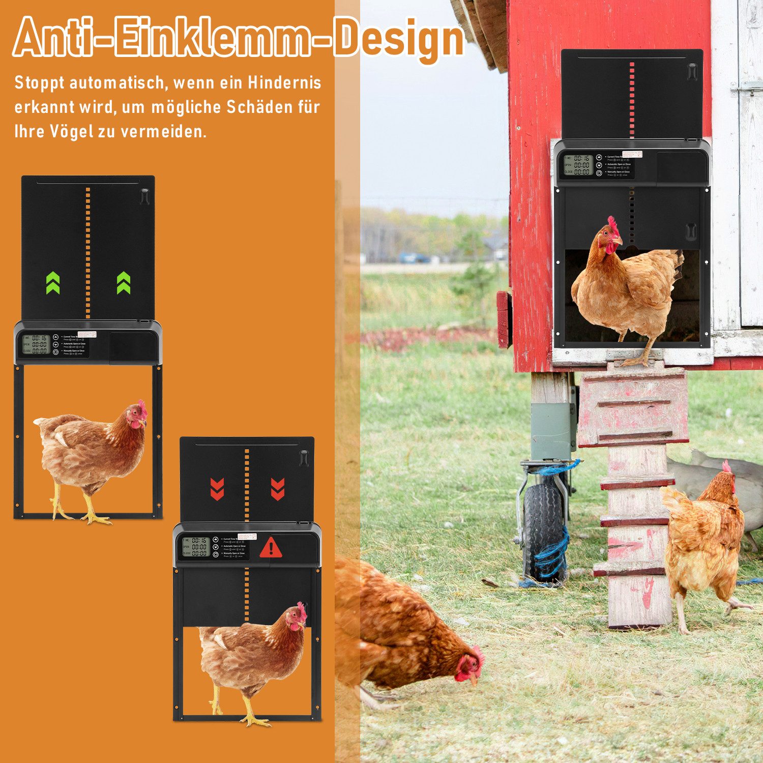 Clanmacy Hühnerstall Automatische Hühnerstalltür mit Zeit- und Handmodus, LCD-Display, IPX4