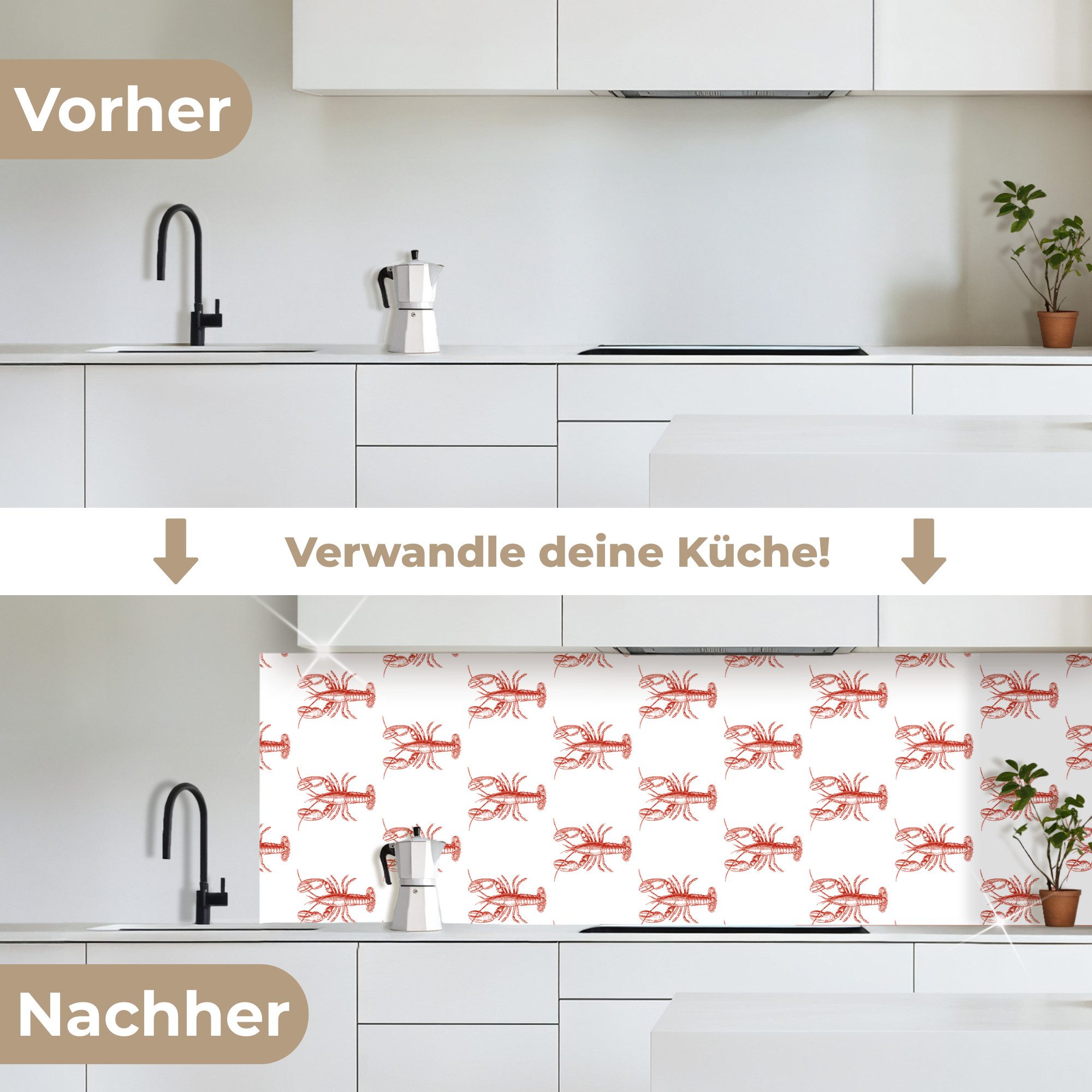 KitchenYeah Küchenrückwand selbstklebend (keine Folie) Hummer - Rot - Muster, (1-tlg), Spritzschutz, Küche, Rückwand, Küchenwand, Ohne Bohren, 250x80 cm