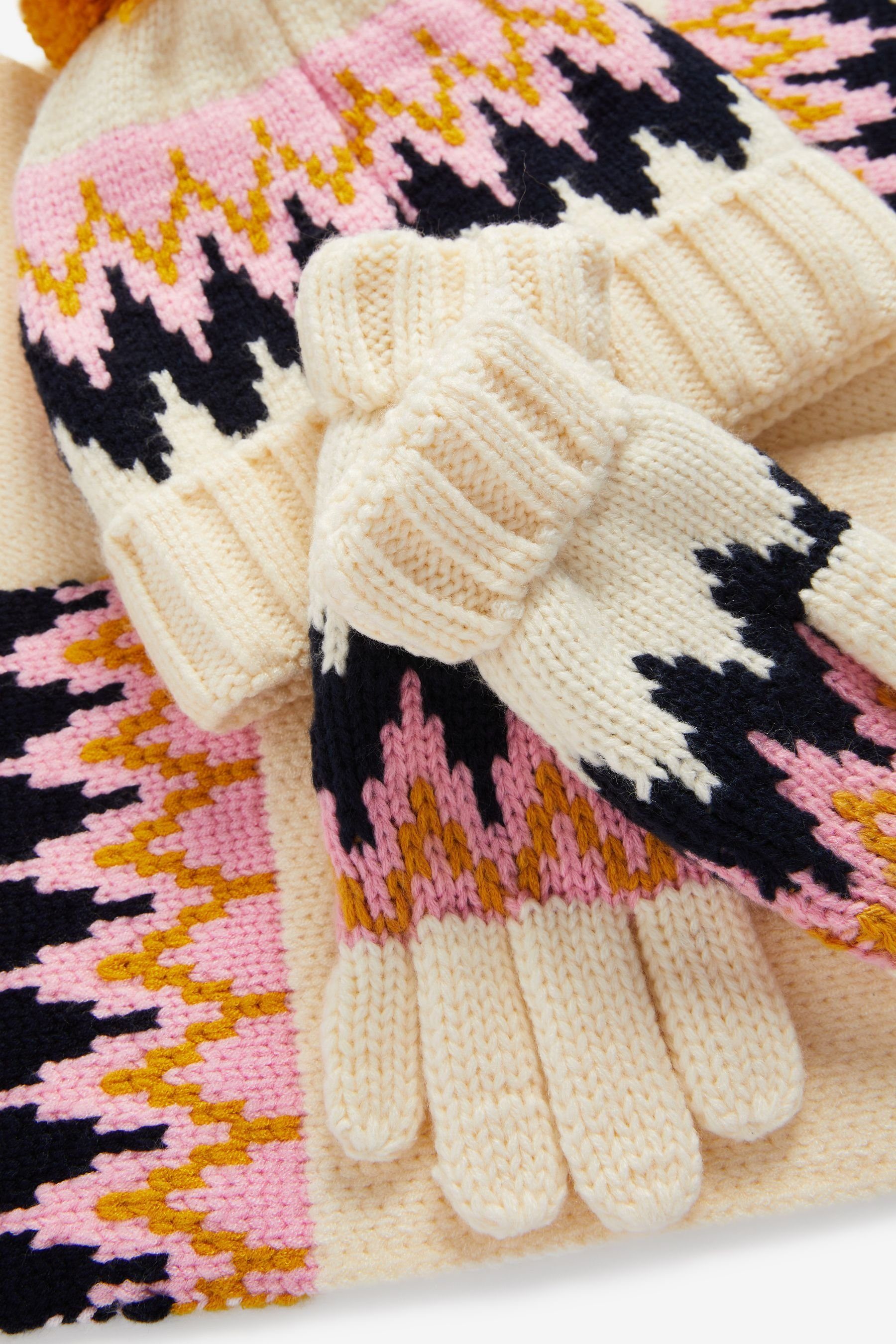 Schal im White/Pink/Navy & Next und Fairisle Schal Mütze, (3-tlg) Mütze Handschuhe Set
