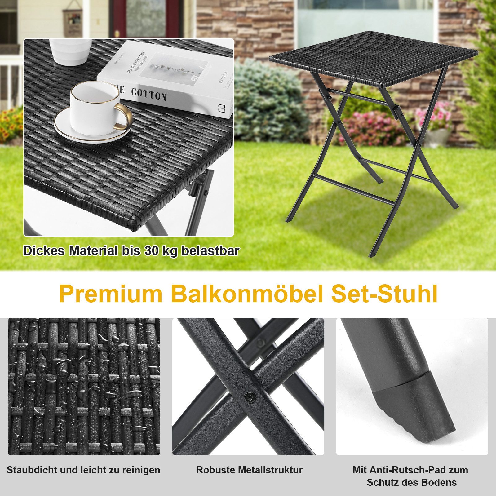 TLGREEN Balkonset 3-teiliges Rattan Gartenmöbel Set, (Hochwertiges PE-Rattan + Verstärkter Metallrahmen, Wetterfest & Pflegeleicht), Gartenmöbel Set Ideal für G – Bild 5 von 5