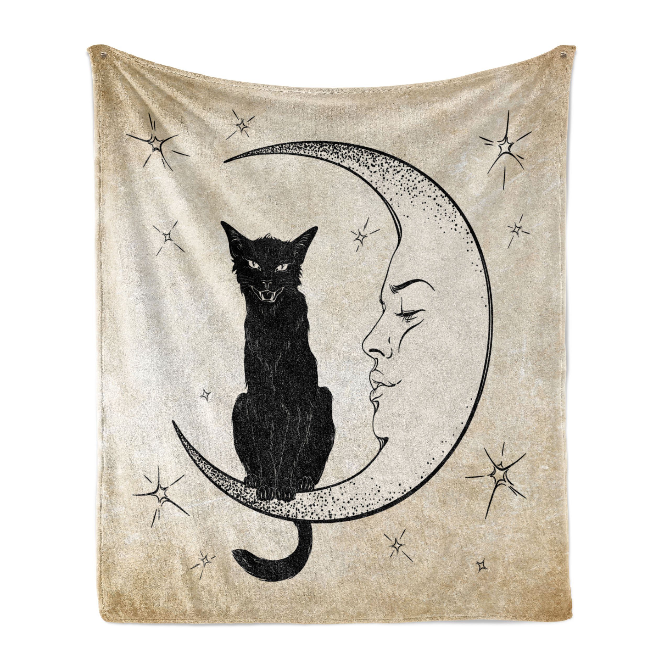 Wohndecke Gemütlicher Plüsch für den Innen- und Außenbereich, Abakuhaus, Mond Black Cat Siting auf Mond