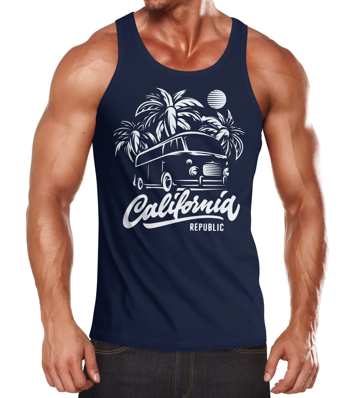 Bus Tank-Top Herren Print Neverless® Abenteuer Tanktop Surf Palmen navy California Neverless Retro Urlaub mit