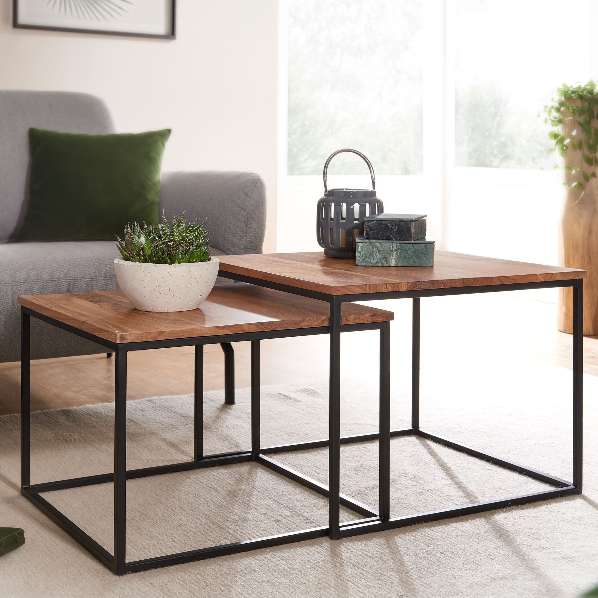 FINEBUY Satztisch FB67616 2er Set Akazie Massiv quadratisch Wohnzimmertisch günstig online kaufen
