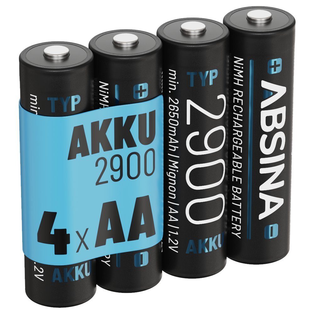 ABSINA Akku AA Mignon 2900 - 4x NiMH Wiederaufladbare Akkus mit min. 2650mAh Akku 2650 mAh (1.2 V)