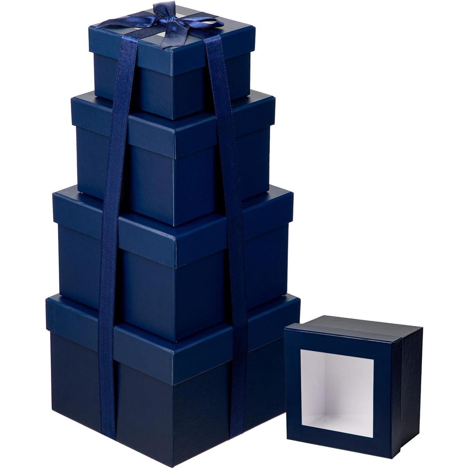 LuxusKollektion Geschenkbox 4er Set Quadratische Geschenkboxen mit Sichtfenster Blau für Hochzeit