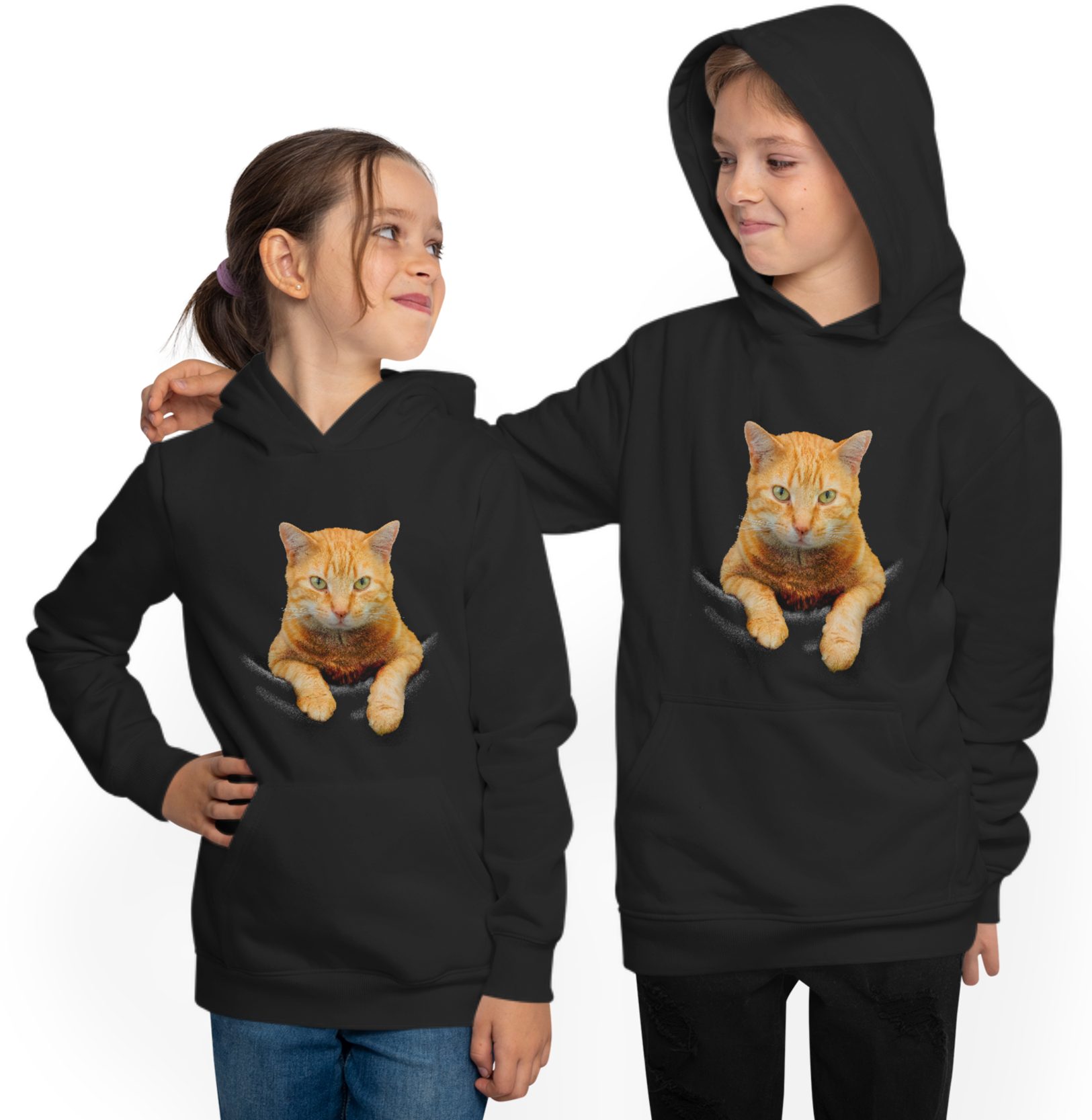 MyDesign24 Kapuzensweatshirt Kinder mit - Hoodie Kapuzensweater orange, aus Katze bedruckt Tasche gelbe schwarz, i109 Aufdruck