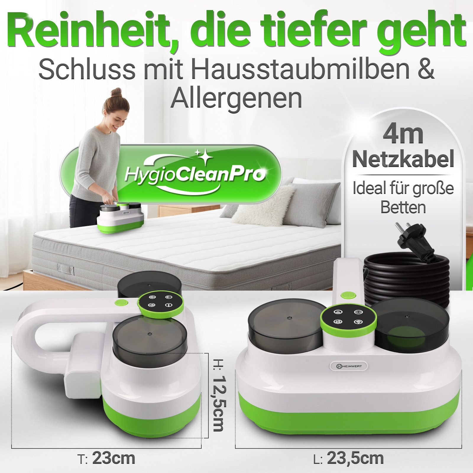 HEIMWERT Handstaubsauger Milbensauger Bettwanzen Milben, 400 W, UV-C Licht & Tiefenvibration, 400W fasertiefe Reinigung