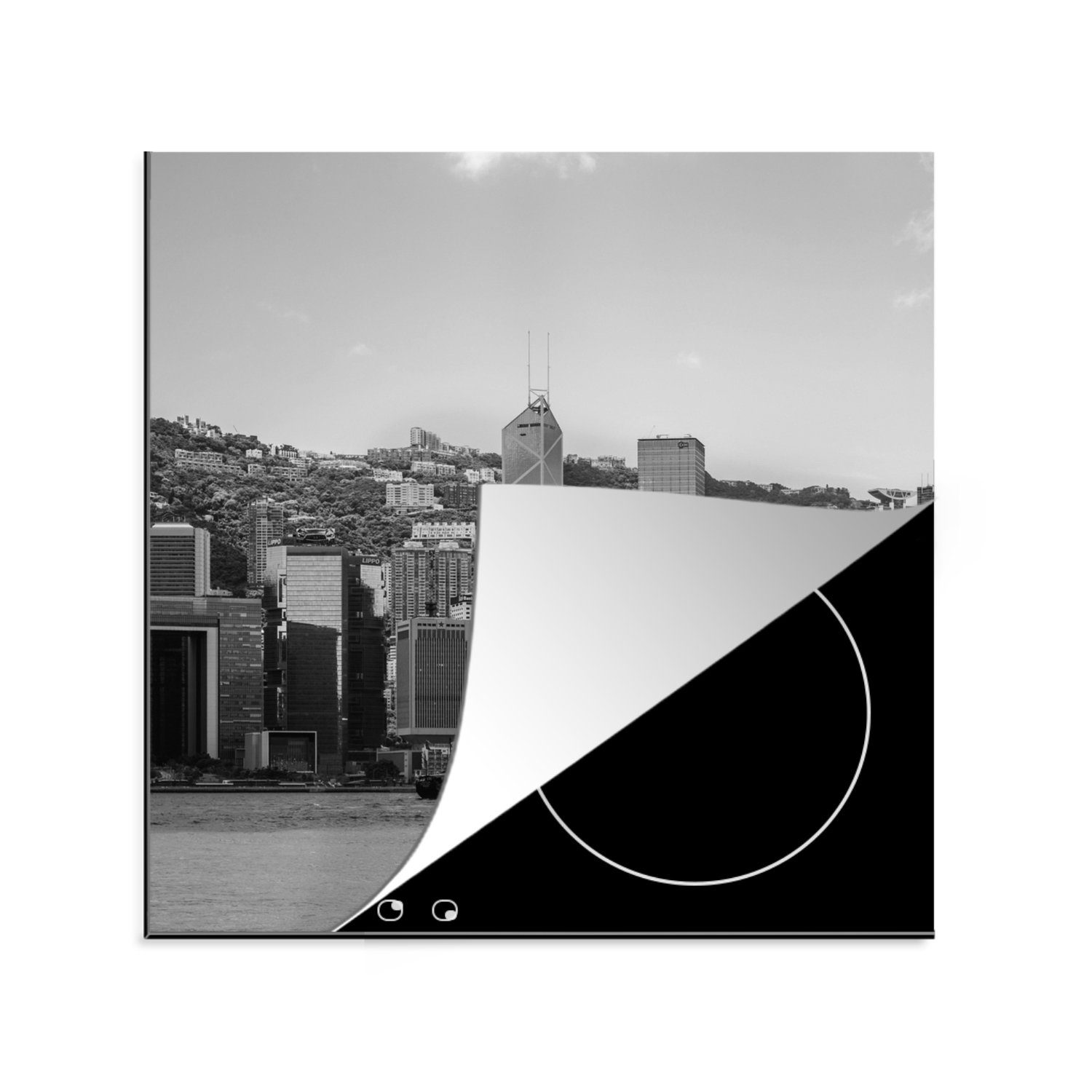 Vinyl, - Hongkong Weiß, 78x78 cm, küche für Schwarz Herdblende-/Abdeckplatte (1 - Ceranfeldabdeckung, MuchoWow Arbeitsplatte - tlg), Skyline