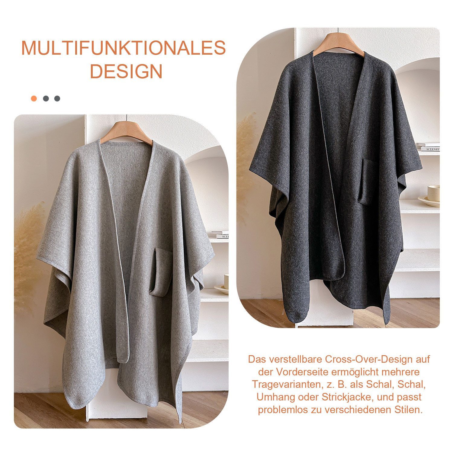 Autrucker Poncho Vielseitige Langer Poncho Schal damen, Vorne öffnen Ponchos