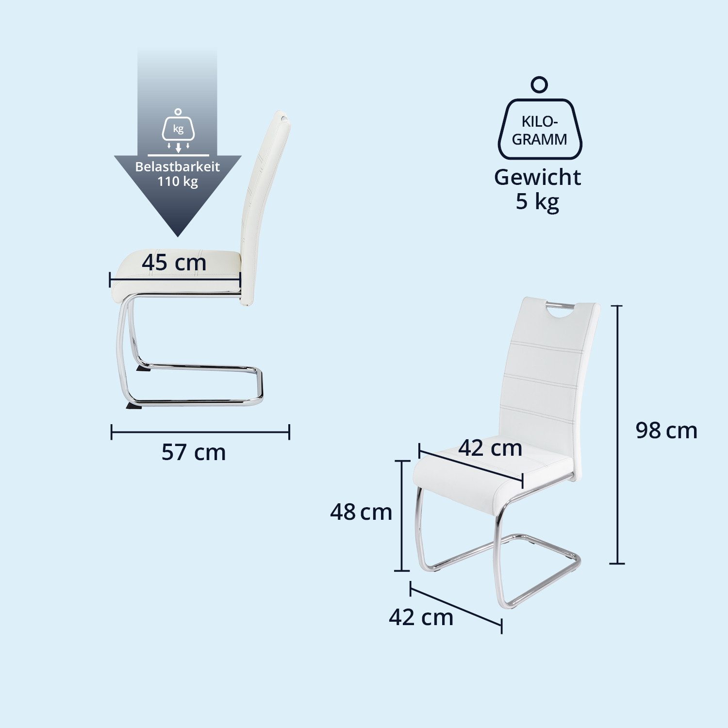 KHG Freischwinger Esszimmerstuhl Kunstleder Weiß, bis 120 kg belastbar, Modern, gepolstert, eleganter Look, Metallgestell verchromt mit Griff