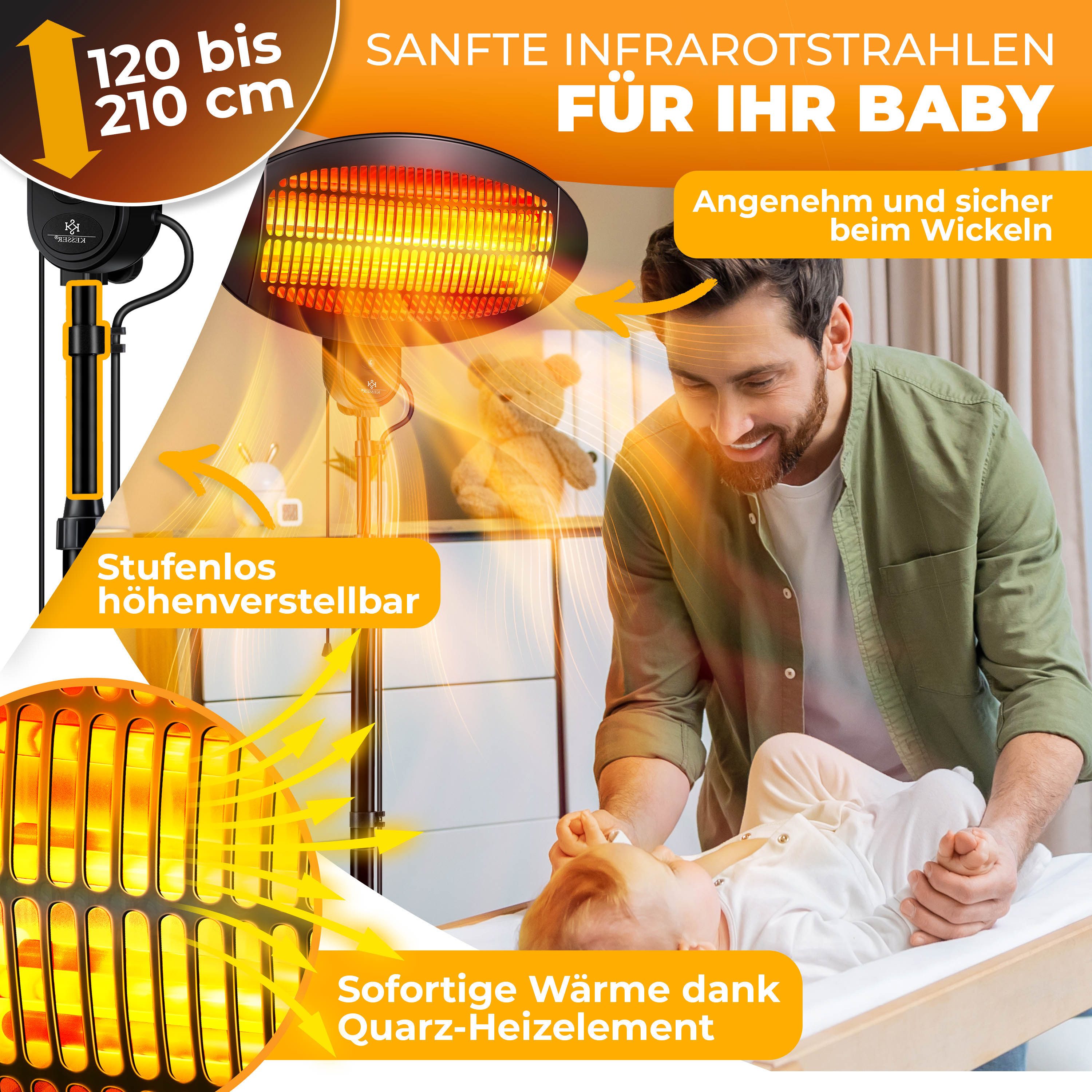 KESSER Heizstrahler Infrarot Heizung Wand + Standgerät höhenverstellbar In- & Outdoor, 2000 W, Wärmestrahler mit Kippschutz, IPX4-Spritzwasserschutz & 3 Heizstu – Bild 4 von 5