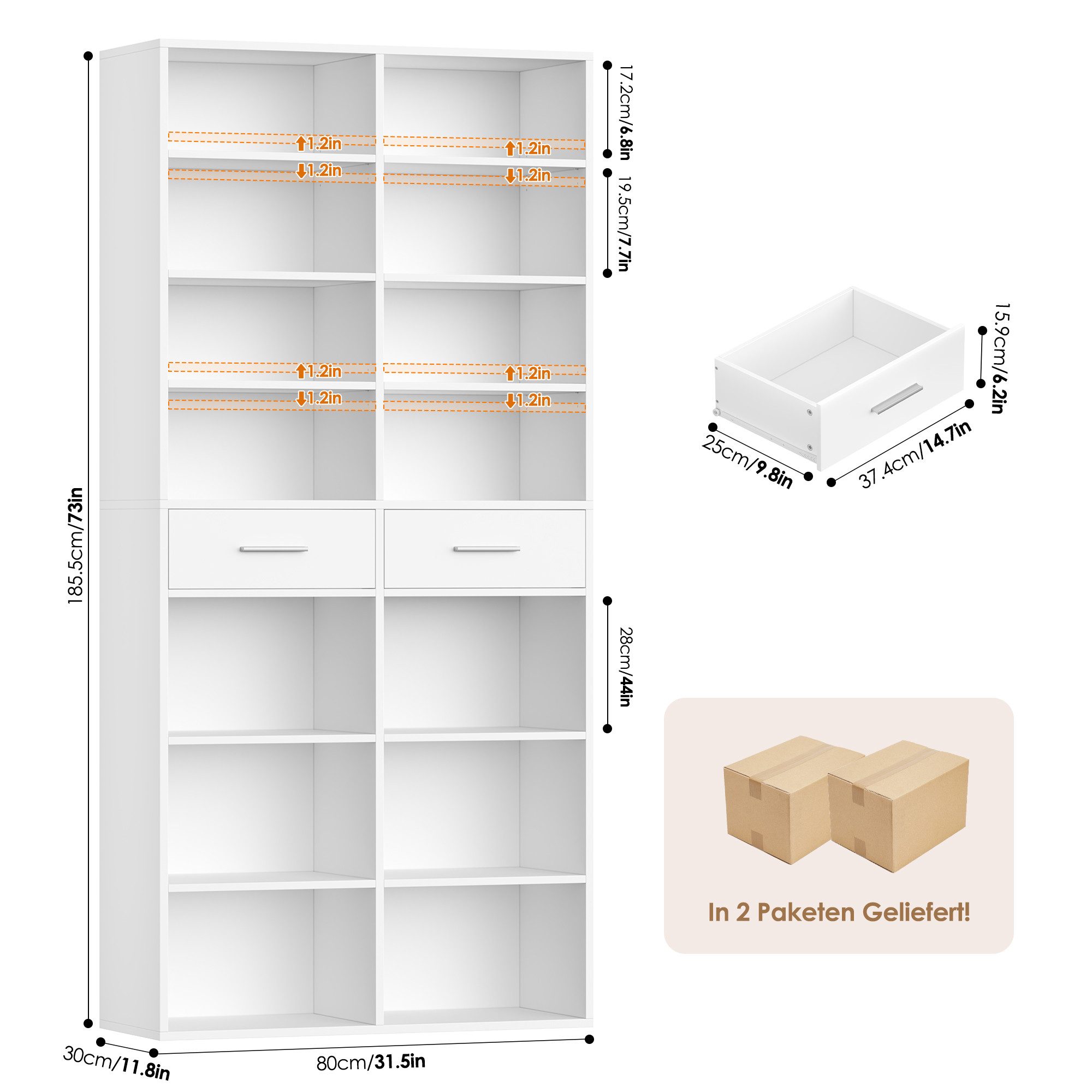 HOMECHO Bücherregal, 185,5 cm hoch Standregal mit 8 Ebenen und 2 Schubladen
