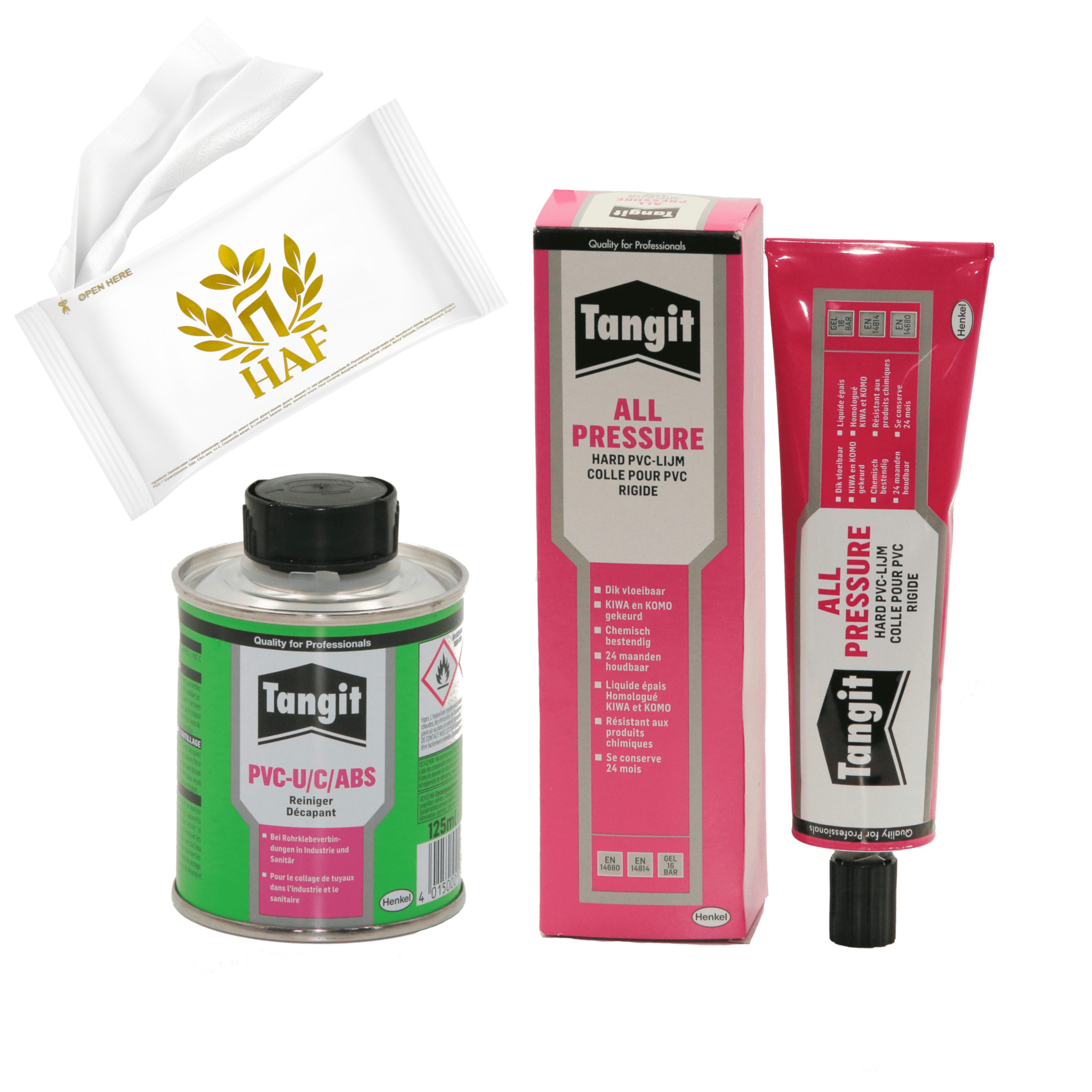 HAF PVC-Kleber Tangit PVC Reiniger 125ml + Kleber 125g Tube PVC-U Fittings Verrohrung, (Zur Montage von Rohren aus PVC-U), Geeignet für Klebeverbindungen aus PVC