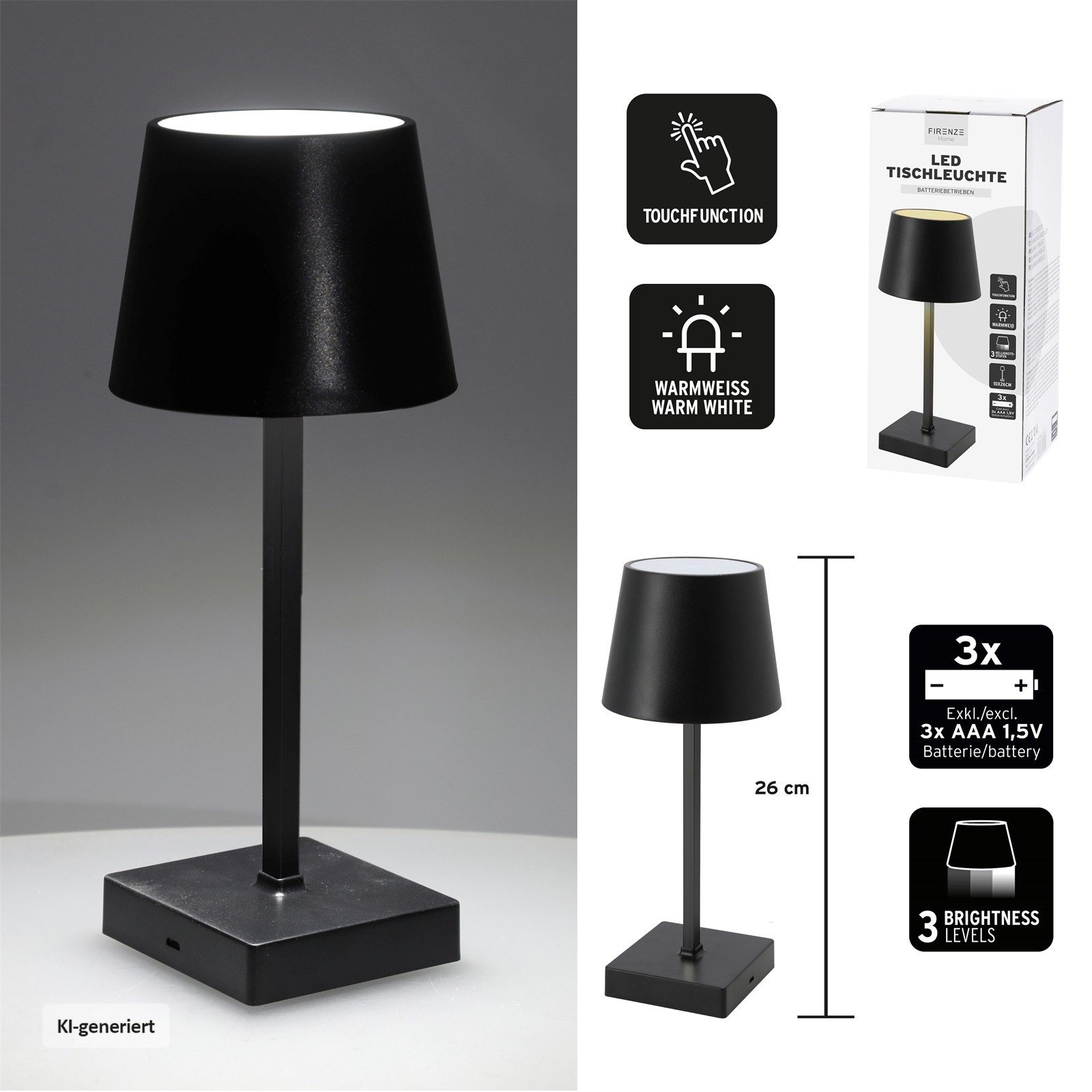 CEPEWA Tischleuchte LED Tischlampe mit Touchfunktion, Dimmfunktion, LED fest integriert, Warmweiß, Batteriebetrieben