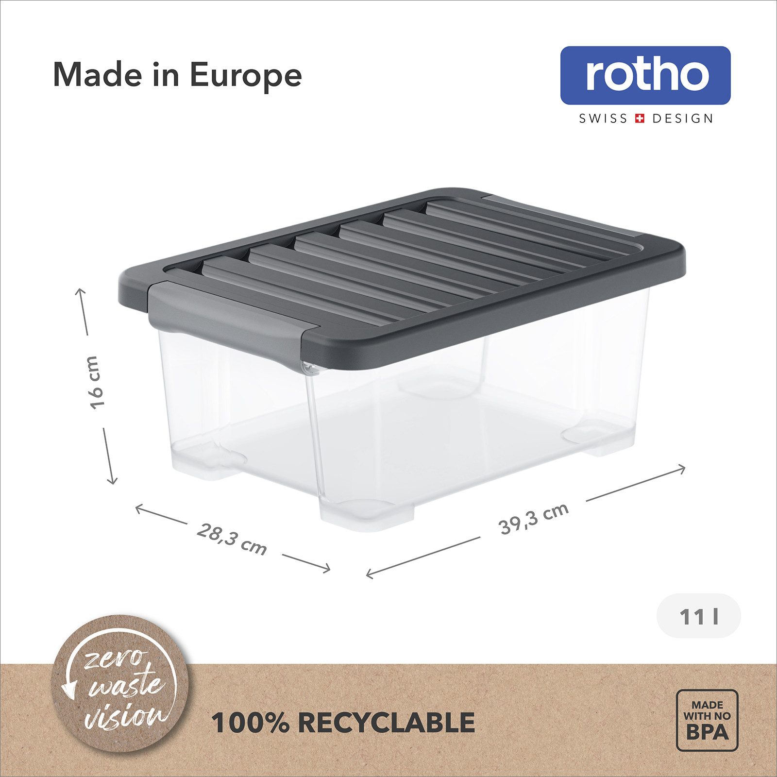 ROTHO Aufbewahrungsbox (Lagerboxen-Set, 4er-Set), Dichtbox ideal für Büroartikel, Werkzeug und Haushaltszubehör