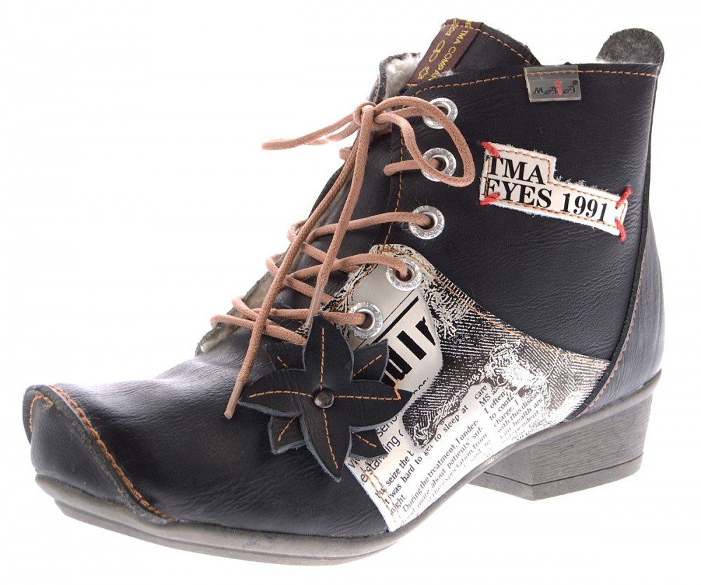 TMA Leder Winter Stiefeletten Boots Schuhe TMA 8077 Stiefelette Gefüttert,  Antik bzw. Used Look, Zeitungsdruck