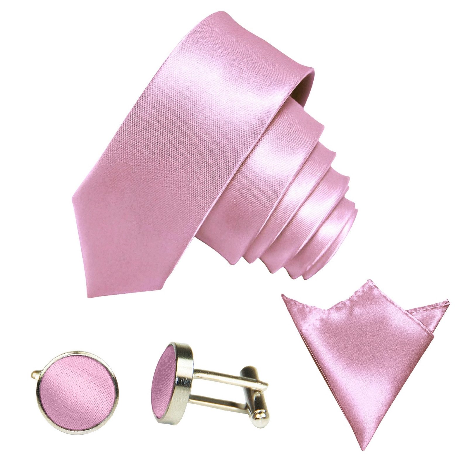 GASSANI Krawatte Satin Hochzeitskrawatte, Herren-Krawatte Hochzeit Schlips z Anzug (Set, 3-St., Krawattenset, Manschettenknöpfe, mit Einstecktuch) 6cm Schmal Dünn, Slim Uni, Seide-Touch-Finish