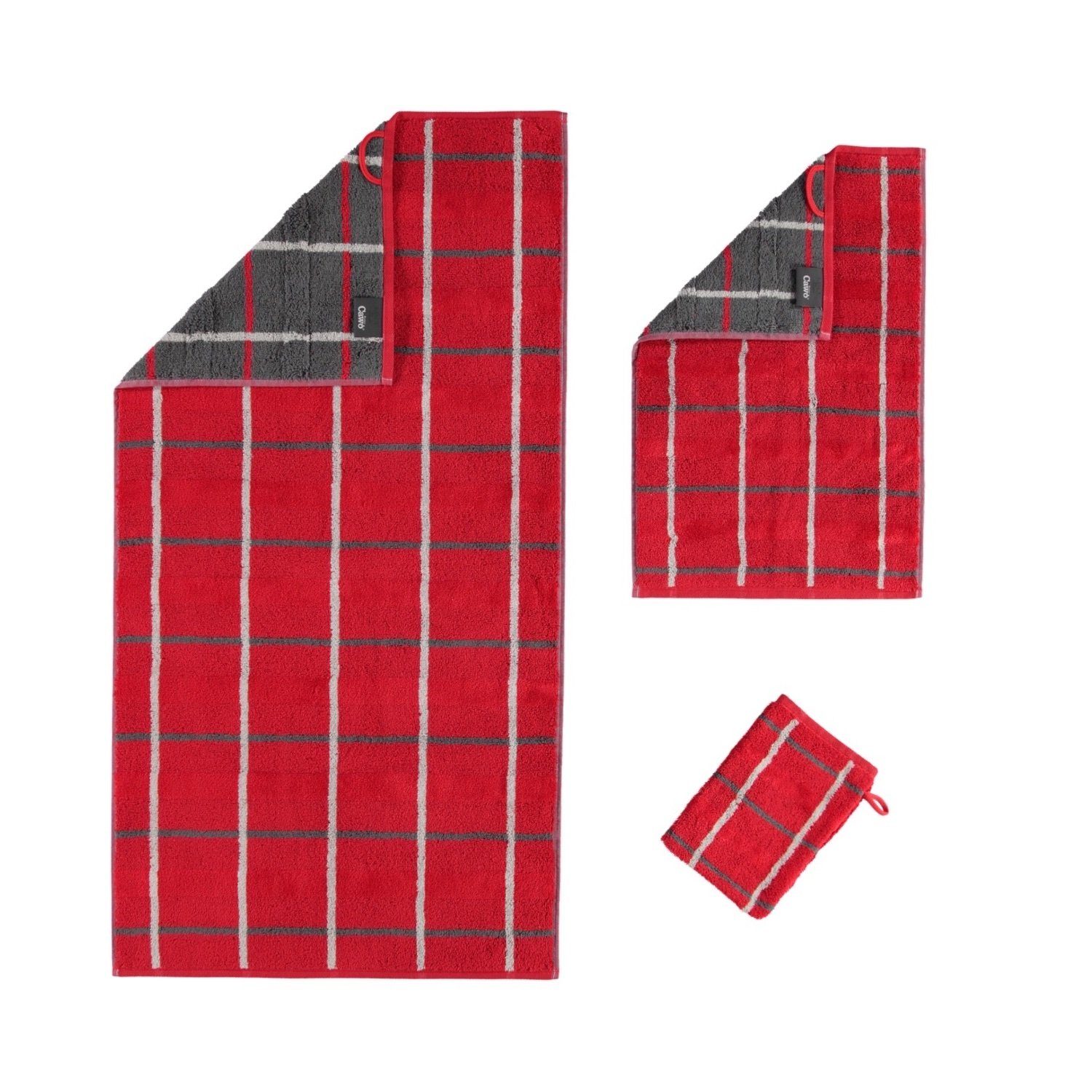 (1-St), Walkfrottier 1079 Saunatuch Rot, Square Karo-Design Handtuch Rot, 27 Grün Noblesse Cawö