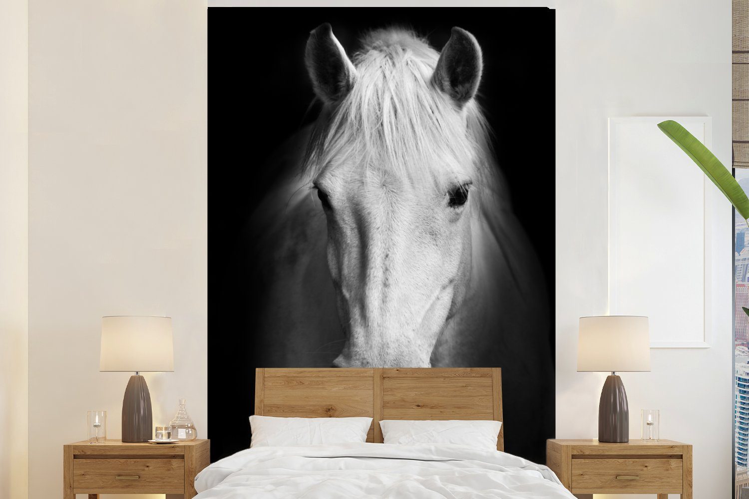MuchoWow Fototapete Pferd - Porträt - Schwarz - Weiß, Matt, bedruckt, (3 St), Montagefertig Vinyl Tapete für Wohnzimmer, Wandtapete