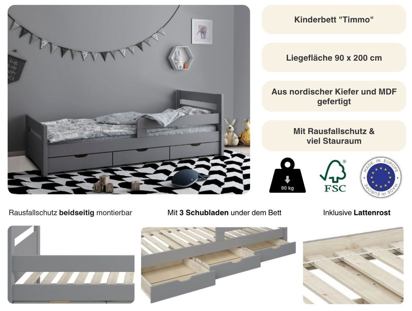 OTTO home Kinderbett "TIMMO ", inklusive 3 Schubkästen, bodentief, mit Rausfallschutz, zertifiziertes Massivholz