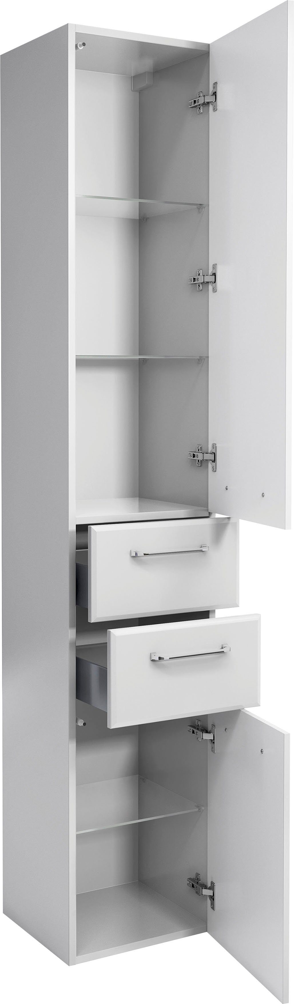 Saphir Hochschrank Quickset Badschrank 35 cm breit, 2 Türen, 2 Schubladen, 3 Einlegeböden Badezimmer-Hochschrank inkl. Türdämpfer, Griffe in Chrom glänzend – Bild 2 von 5