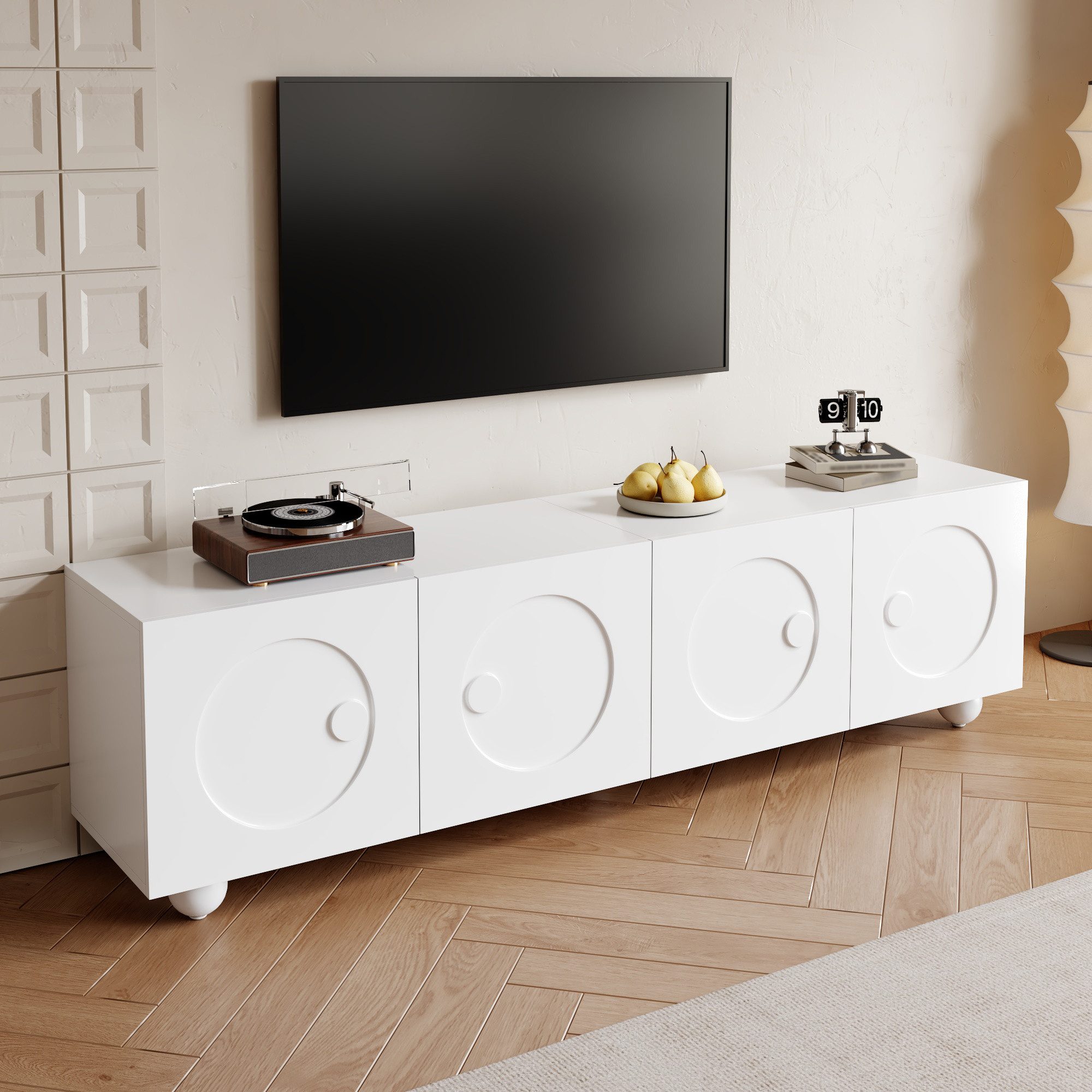 MODFU TV-Schrank Fernsehschrank 180,5x38x50 cm mit 3D-Türpaneelen, mattweiß (Packung, 1-St., Niedriger Fernsehschrank mit 4 Fächern) Mit 5 kugelförmigen Schrankbeinen