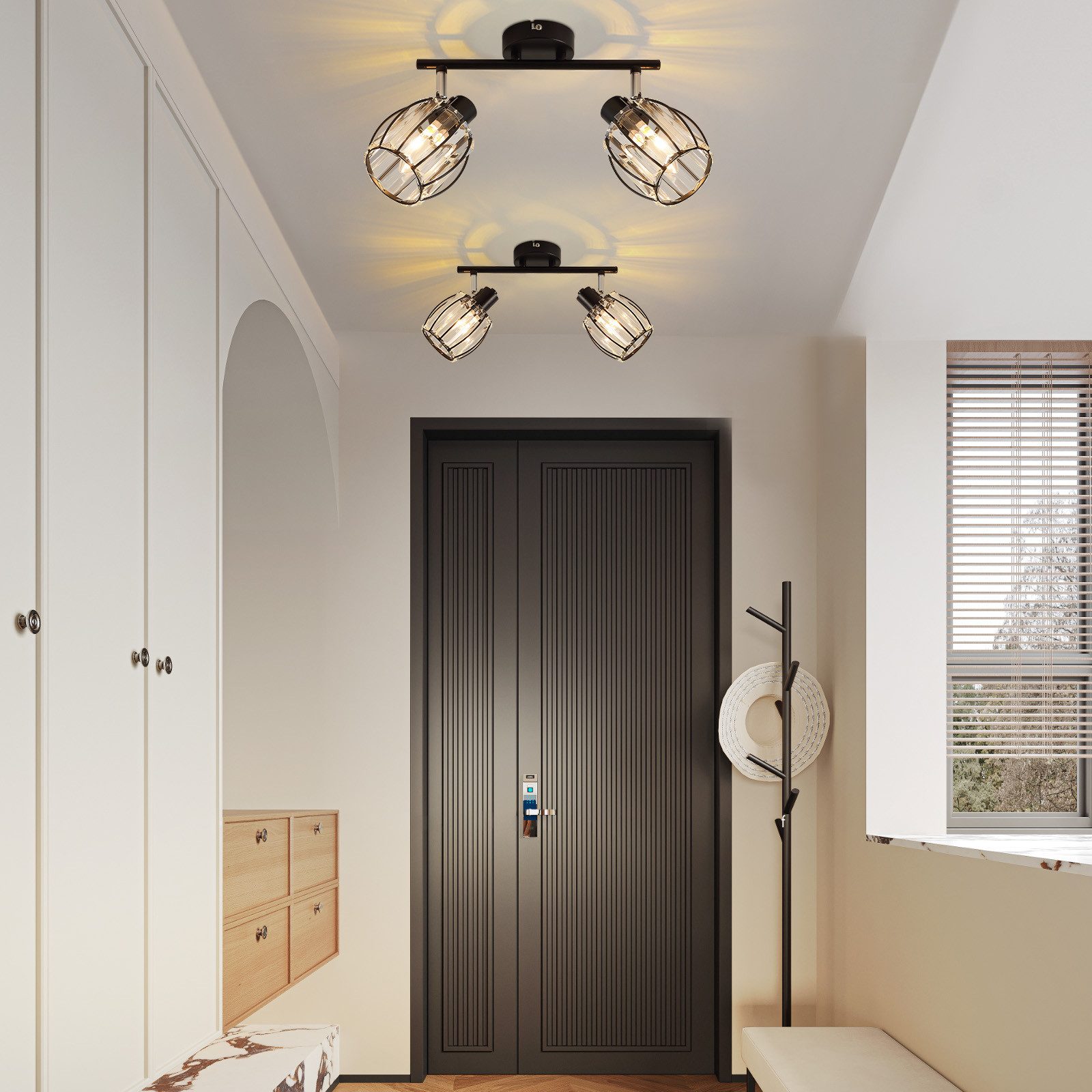 ZMH Deckenstrahler 2/3/4/6 Flammig Retro E14 Deckenleuchte Kristall Lampenschirm Hotel, Einfache Installation, ohne Leuchtmittel, Schwarz 350° Schwenkbar Schlafzimmerlampe