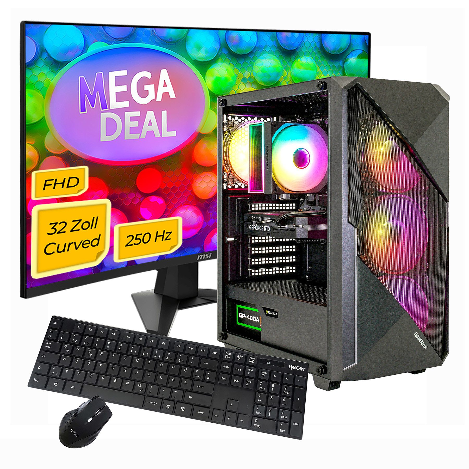 GAMEMAX MegaDeal Striker 2713 Intel i7 14700F 16GB 1TB SSD RTX 5060Ti Gaming-PC-Komplettsystem (32", Intel® Core i7 14700F, RTX 5060 Ti, 16 GB RAM, 1000 GB SSD, Windows 11 + MSI MAG 32C6X Curved Monitor, 80cm (32)