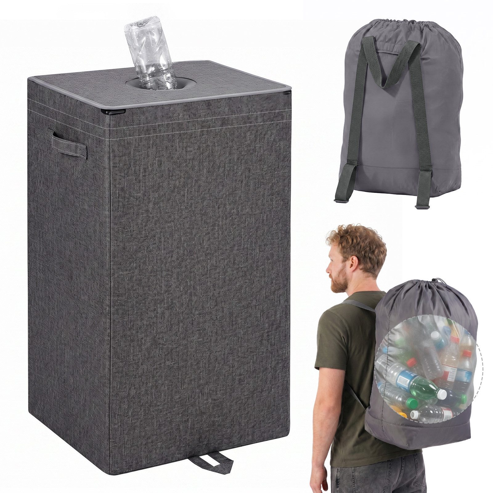 Sekey Flaschenkorb Pfandflaschen Sammelbehälter 100L Flaschensammler Leergut Aufbewahrung, Mit herausnehmbarem Rucksack-Innenbeutel für Küche und Recycling