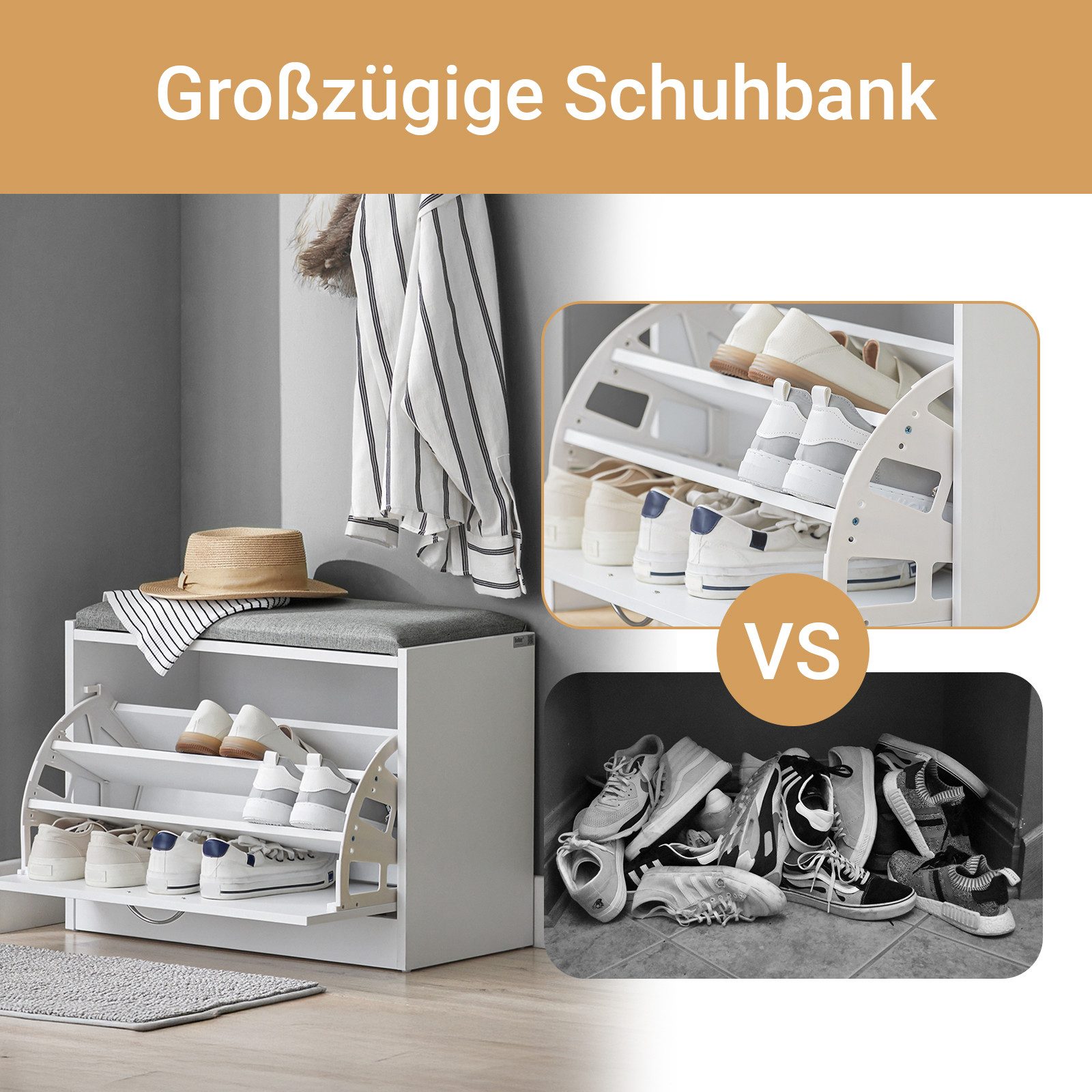 SoBuy Schuhbank FSR16, Schuhorganizer, mit gepolstertem Kissen, für Flur, Eingang, Sitzbank mit Sitzkissen Schuhregal Schuhkipper mit 1 Klappe