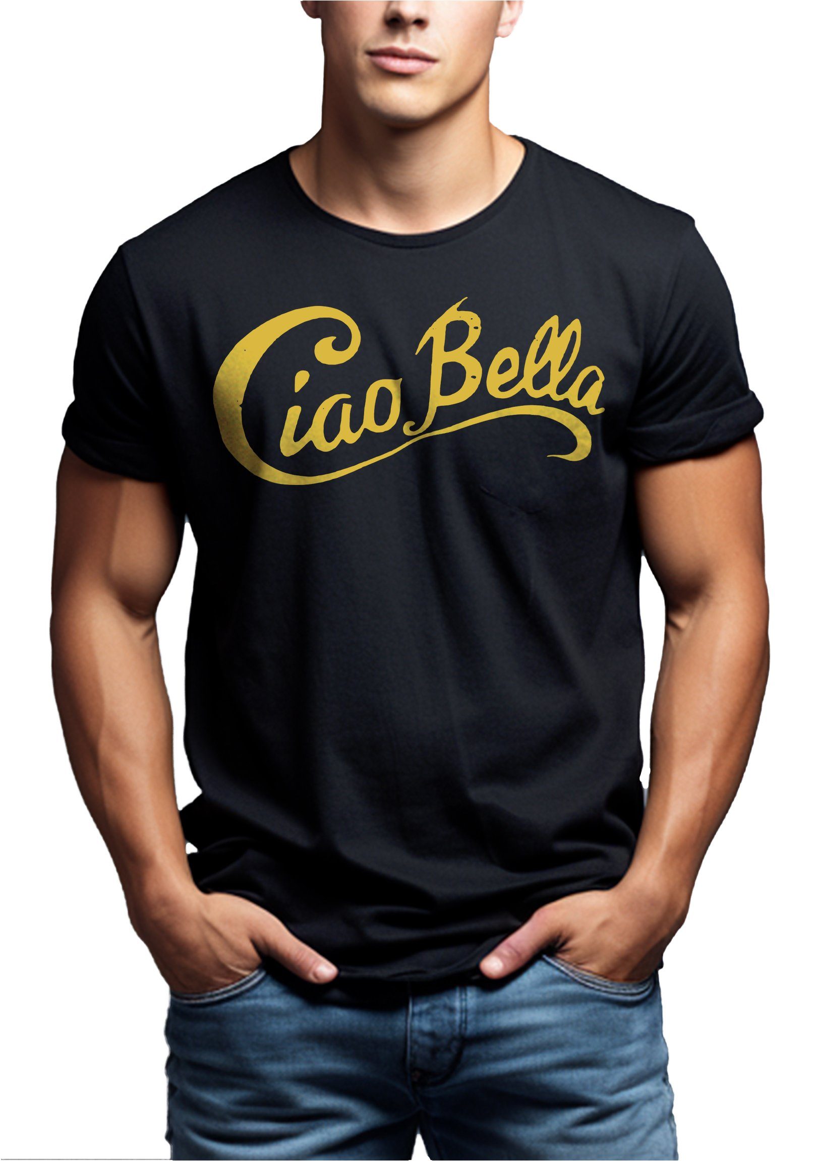 Mode Herren Coole Spruch Style Logo, Italienischer Ciao Motiv Schwarz Bella Italien Print-Shirt MAKAYA